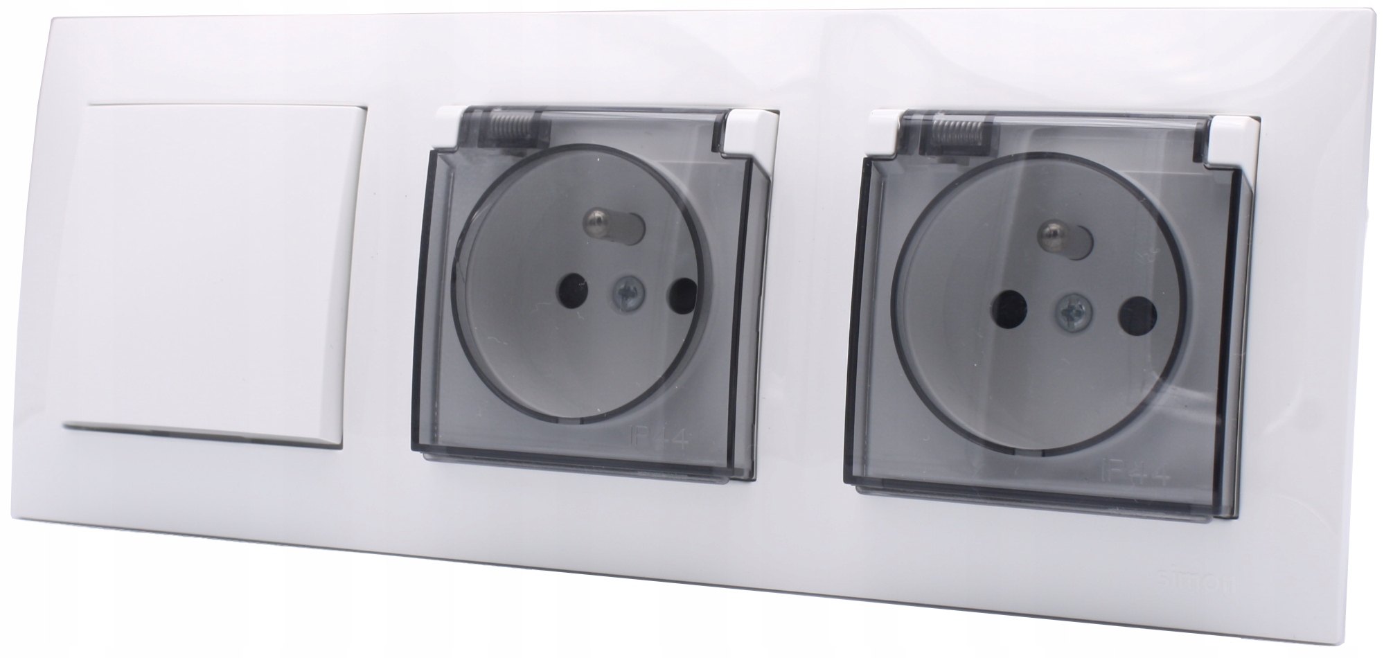 Simon54 sada do koupelny dvě zásuvky s klapkou a vypínač v rámečku komplet