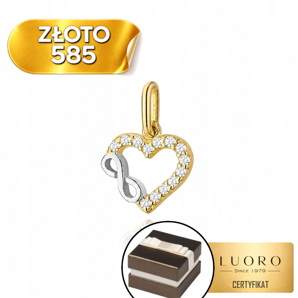 Zlatý Přívěsek 585 14K Srdce Nekonečno Zirkony Dvoubarevný 13 MM