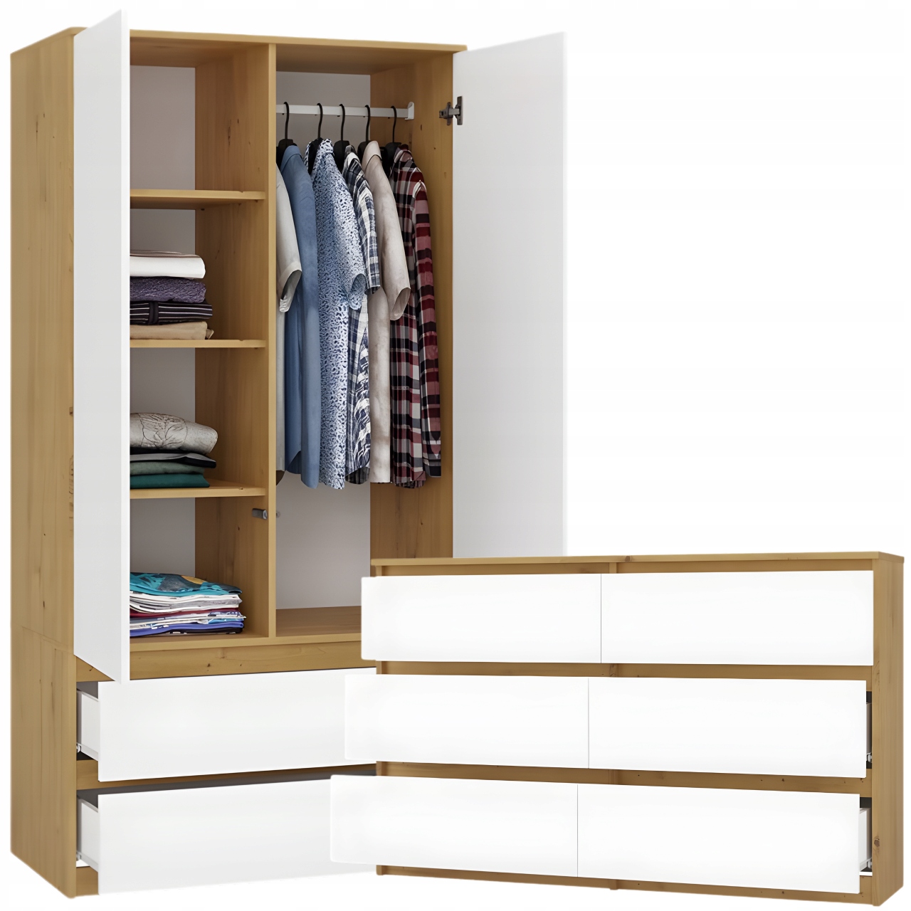 Zestaw Szafa Z Drążkiem 90 CM Komoda Z 6 Szufladami 120 CM Artisan Biały