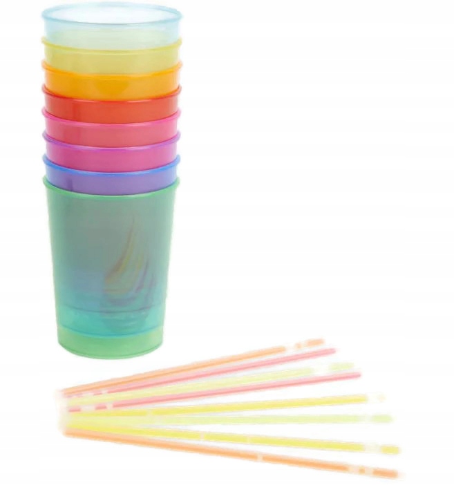 KUBKI IMPREZOWE ŚWIECĄCE W CIEMNOŚĆI 8 sztuk Wielokolorowe Pojemność 300 ml