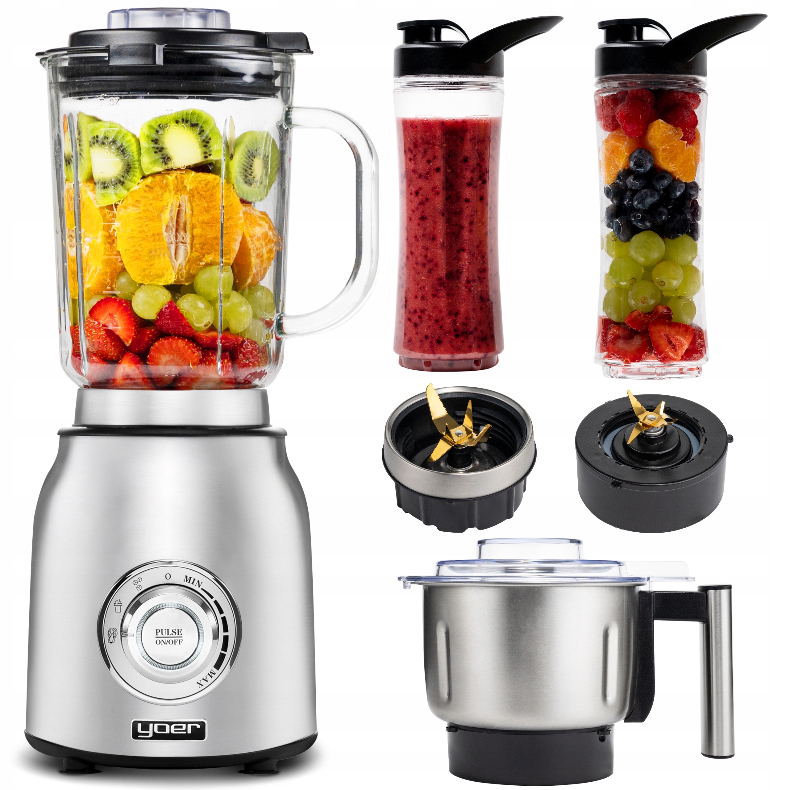 4w1 Blender kielichowy Szklany Yoer + MŁYNEK + 2 Bidony INOX 2,4L 1800W XXL