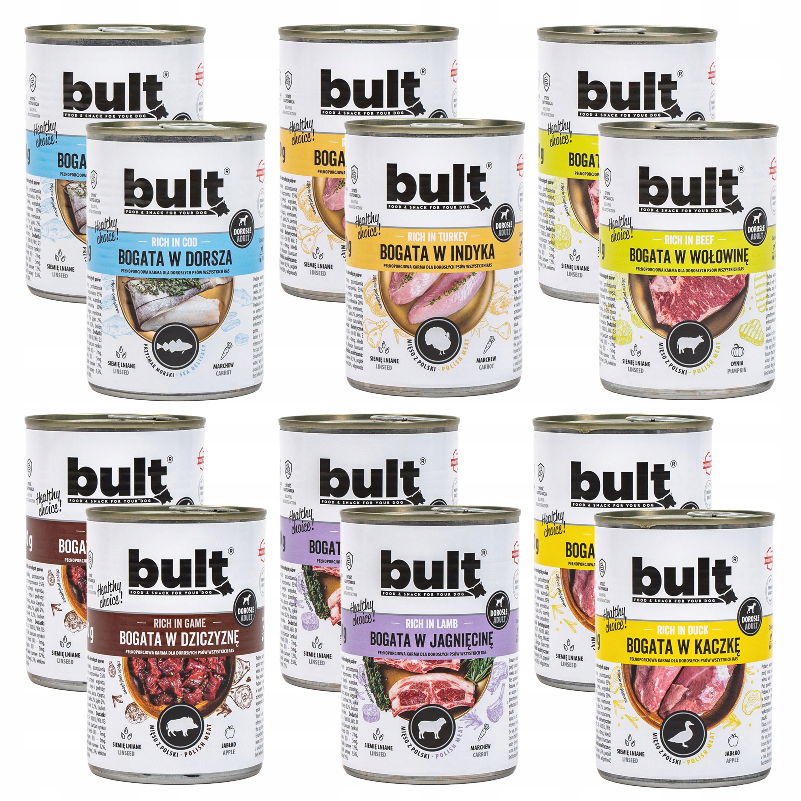 Vlhké Krmivo 12 x 800 g. 6 Příchutí Bult MIX 75% Masové Krmivo