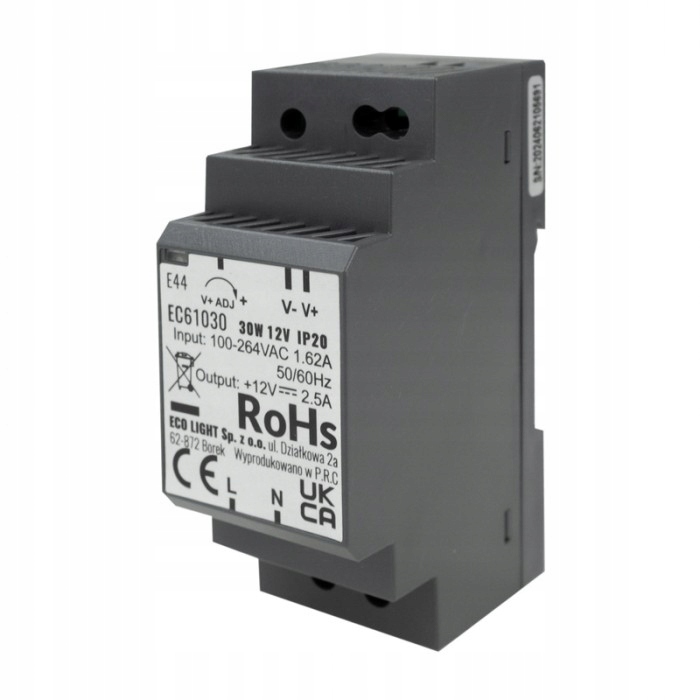 ZASILACZ NA SZYNĘ DIN 30W 12V TRANSFORMATOR DO DOMOFONÓW TAŚM LED 12V IP20