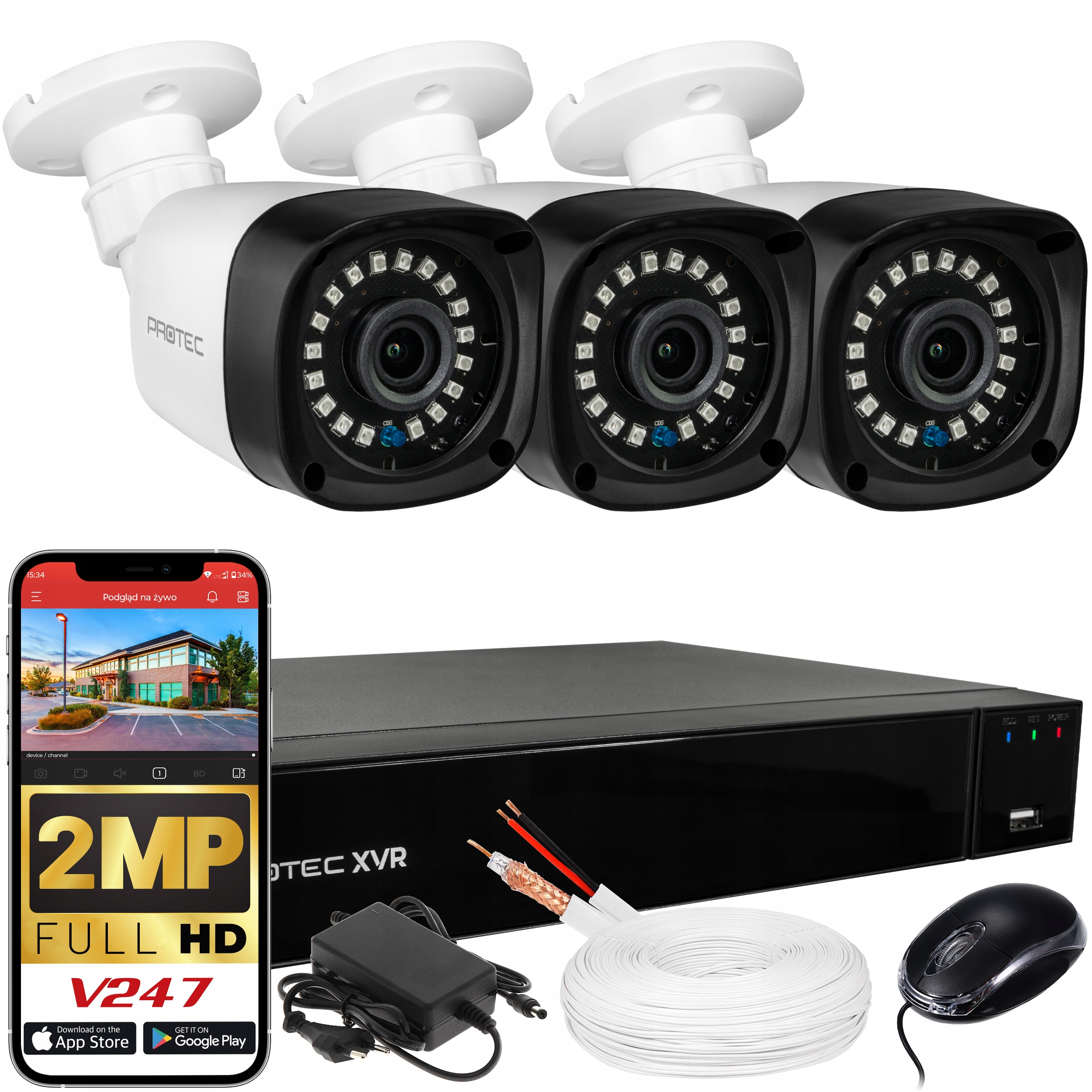 Zestaw Kamer Do Monitoringu 3 Kamery Full Hd podgląd kamery zewnętrzne