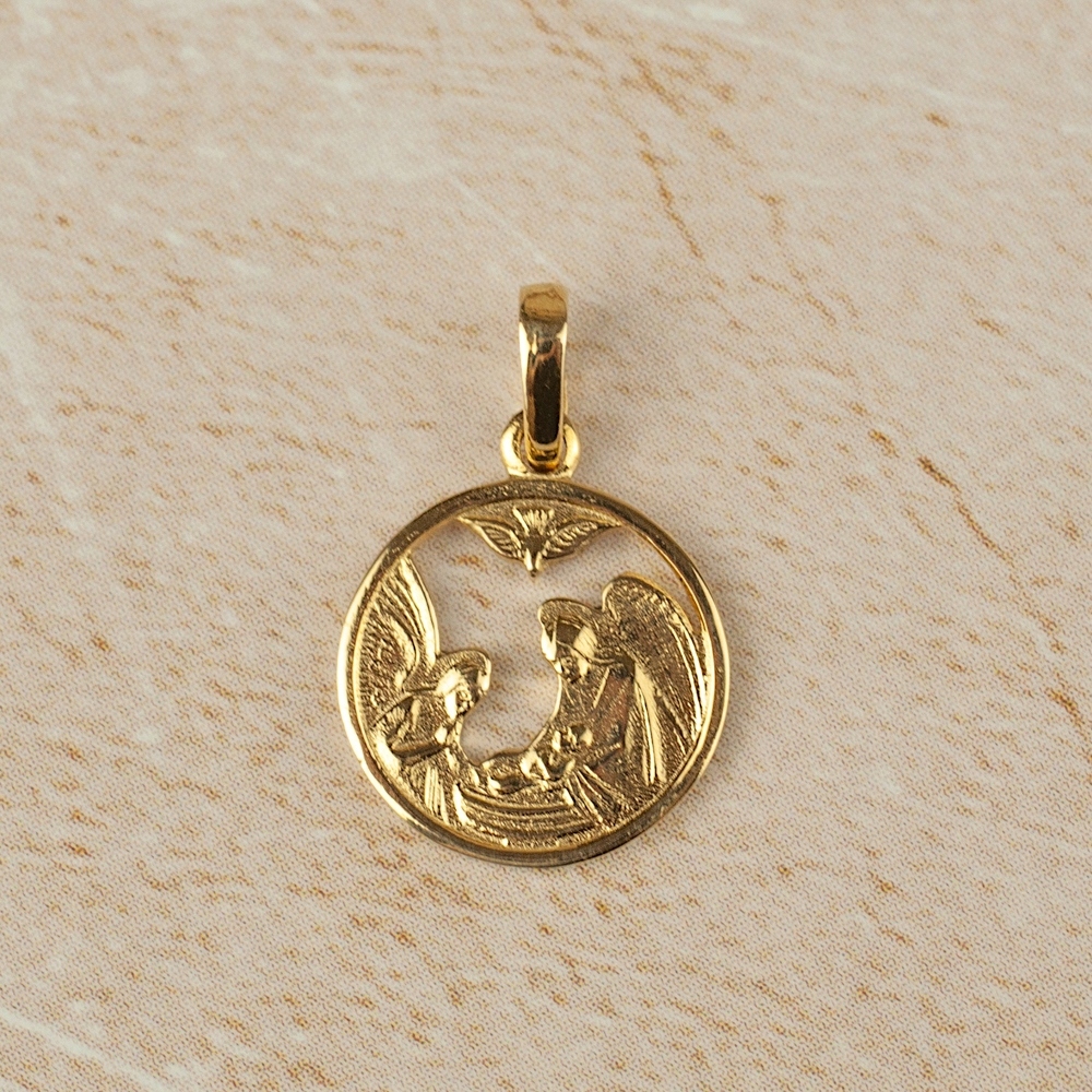 ZŁOTY MEDALIK Z ANIOŁKAMI STAJENKA NA CHRZEST 585 Kamienie Bez kamieni