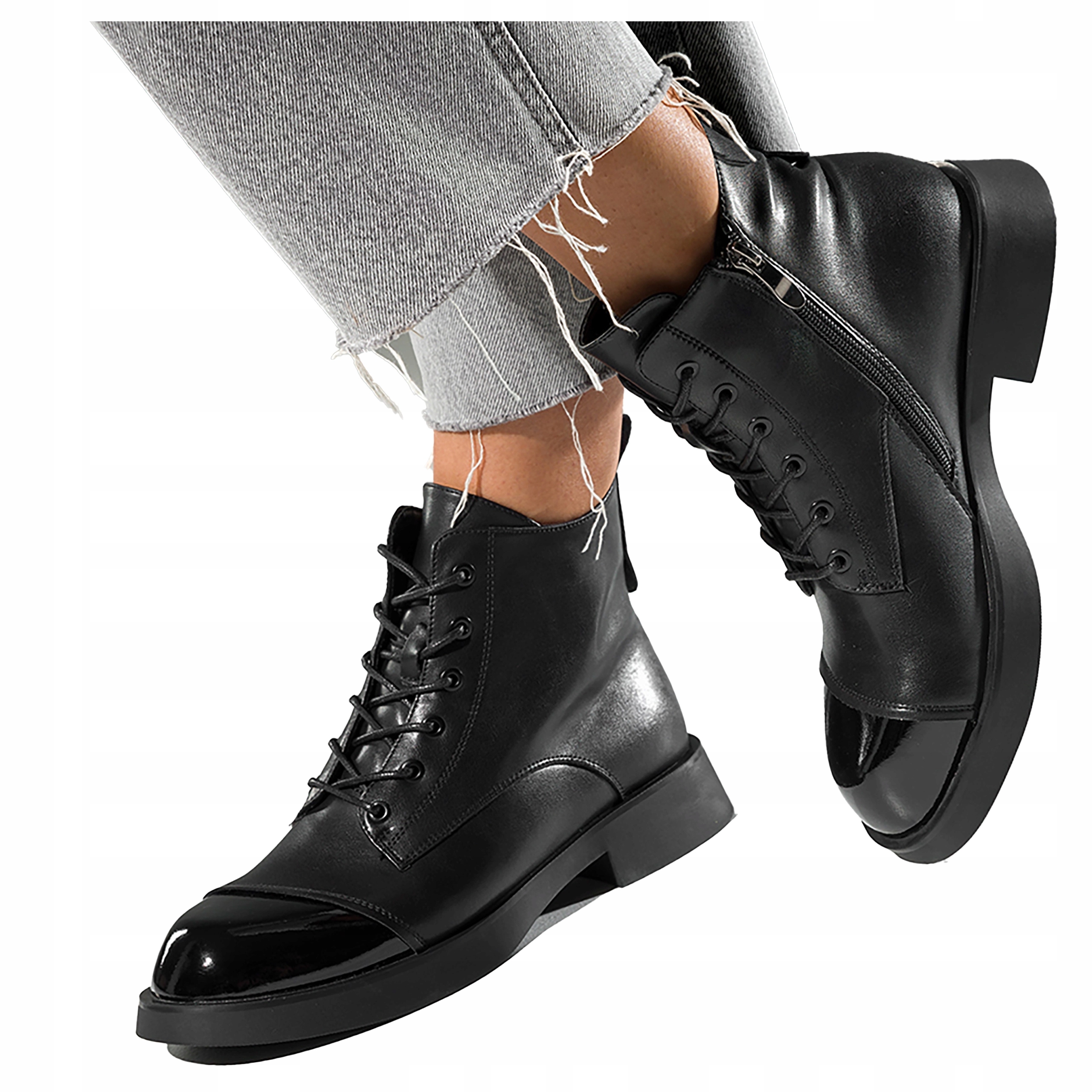 Kožené dámské kotníkové boty Černé Lakované Nosek Šněrovací Boty velikost 38