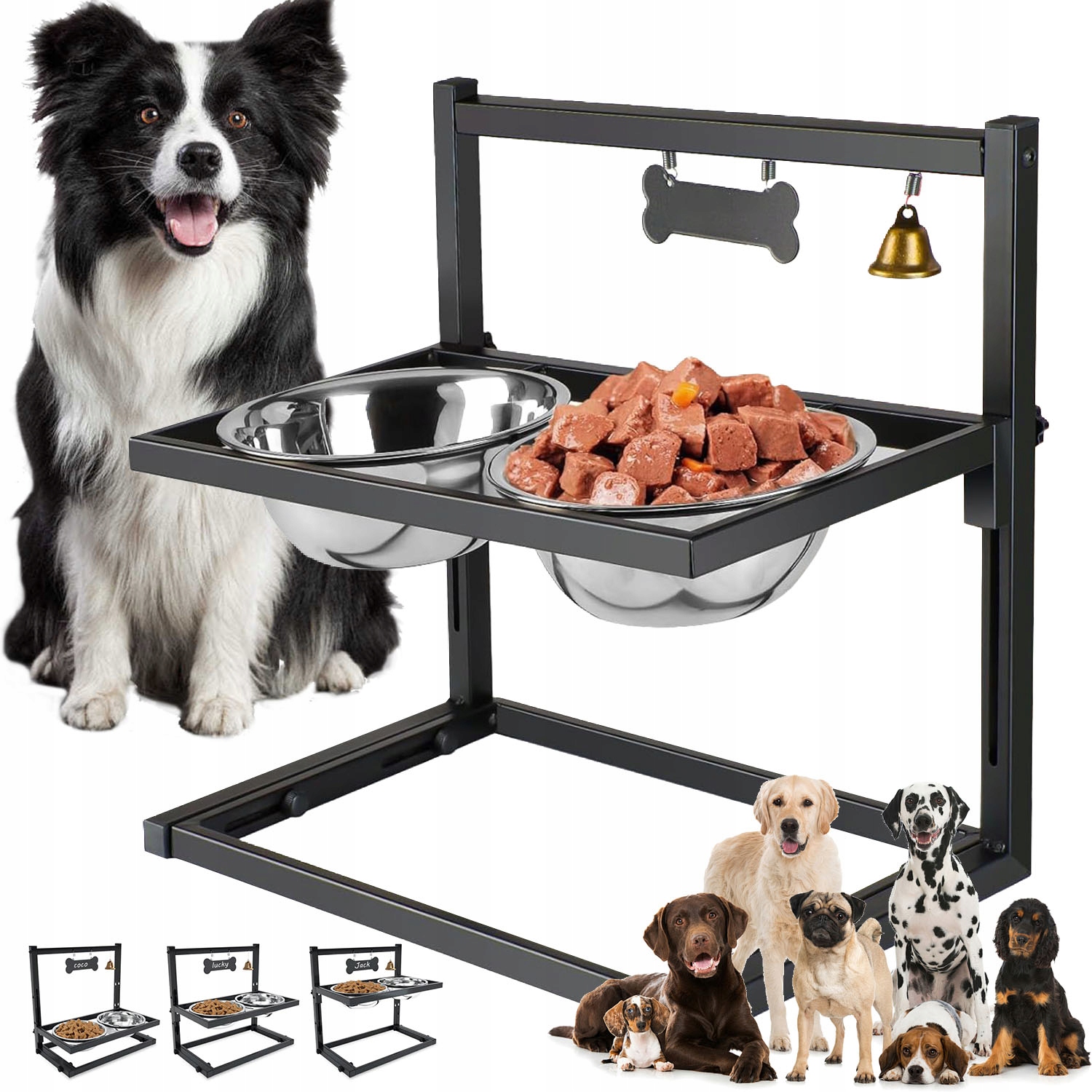 Levně 2 Misky Pro Psa S Nastavitelným Stojanem A Zvonkem A Jmenovkou, Černá Barva