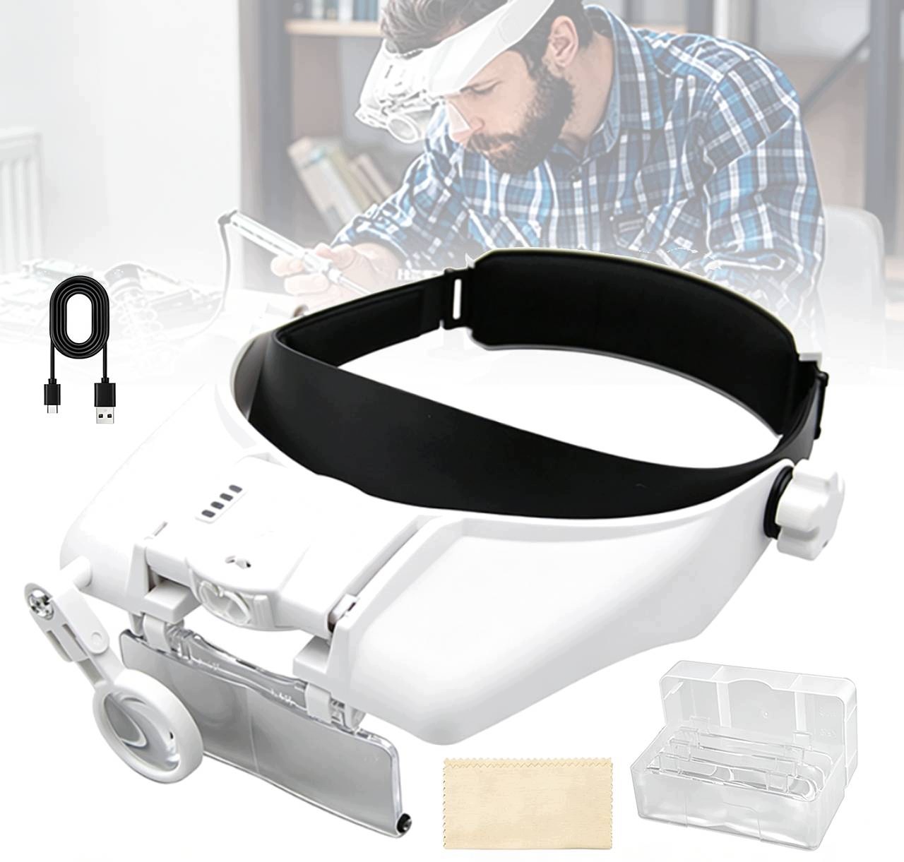 Led Brýle S Čelním Lupou, 5 Očních Klapek, Nabíjení Usb Baterií