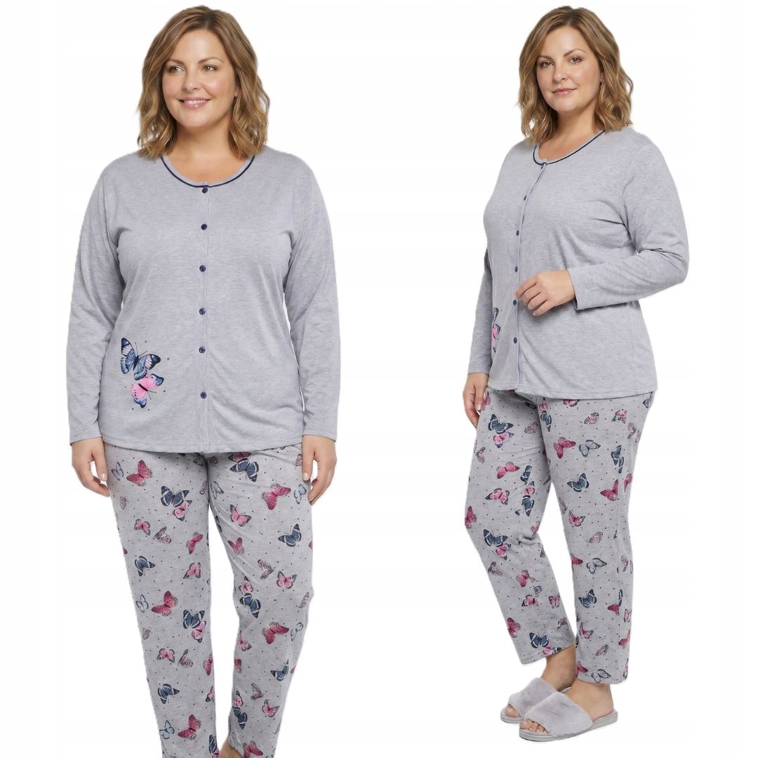 Šedé pyžamo s motýly a dlouhým rukávem plus size velikost 52