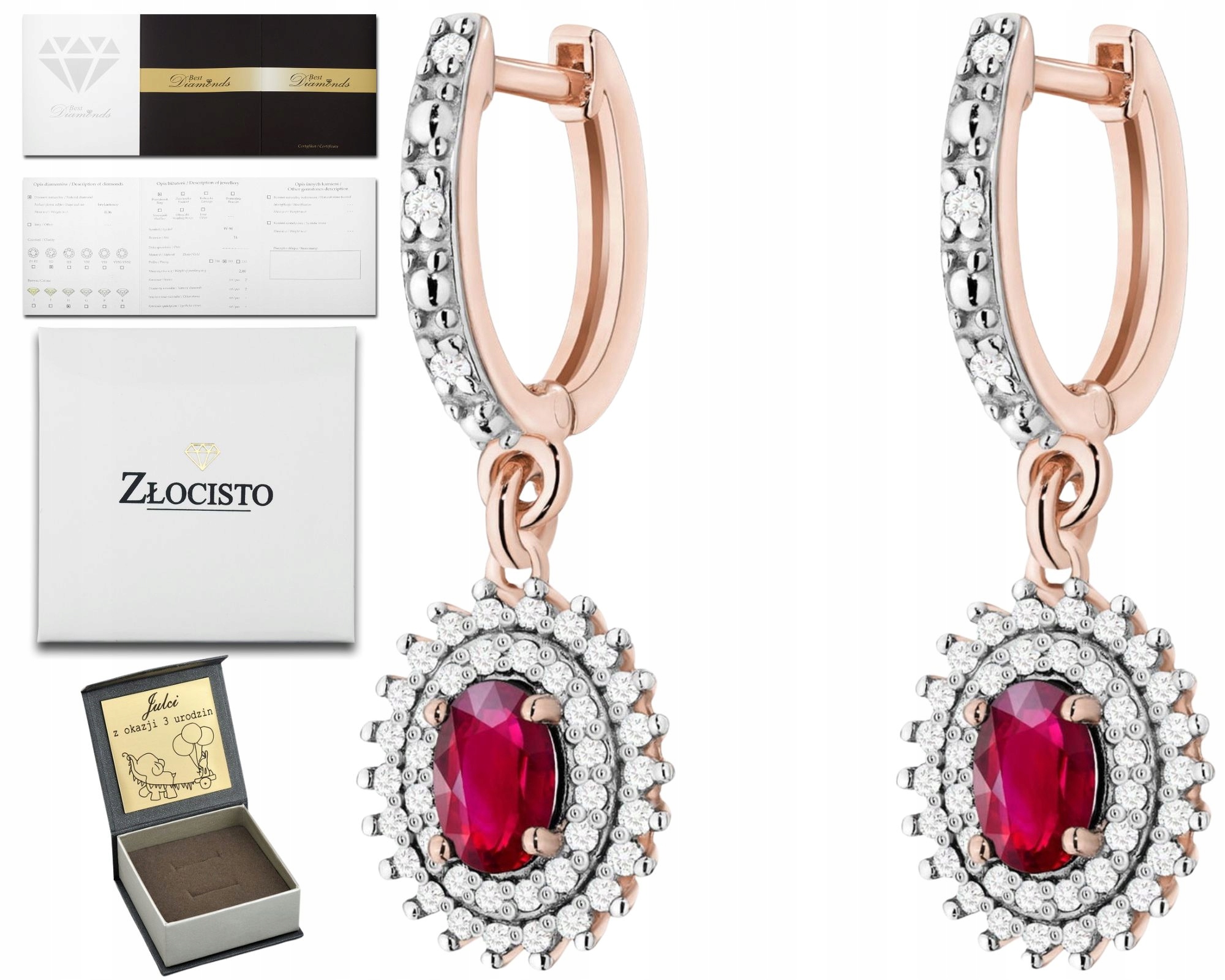 Růžové Zlato Náušnice Přírodní Kámen Rubín Diamanty Zlato 585 14K Dárek