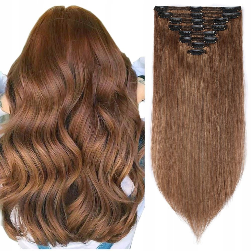 Clip-In Real Hair Extensions 8 części 100% Remy Hair Jasny Brąz 24 cale 170