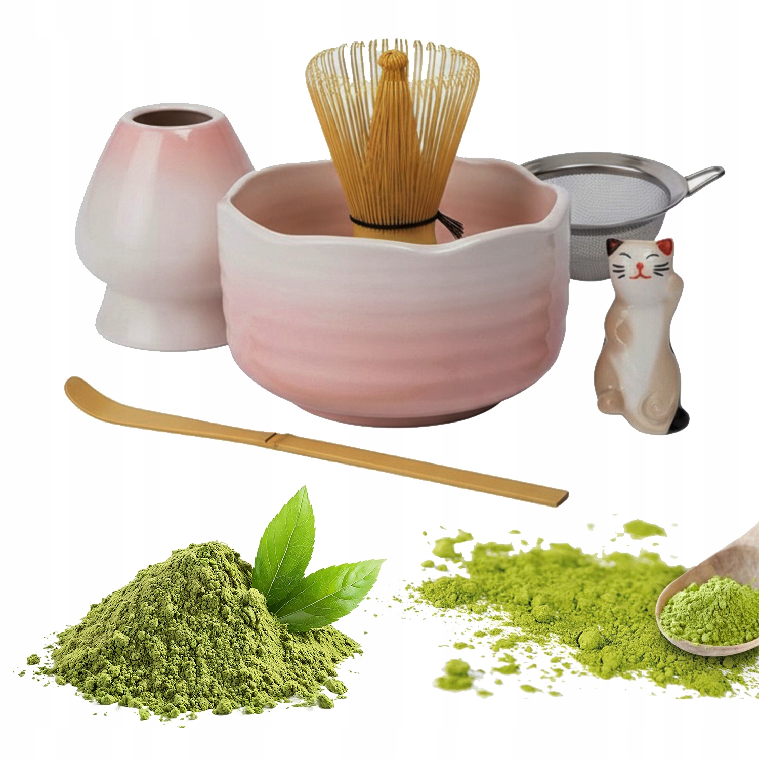 Zestaw Do Przygotowania Herbaty Matchy 6 El Różowy Ceramika Z Uchwytem Kota