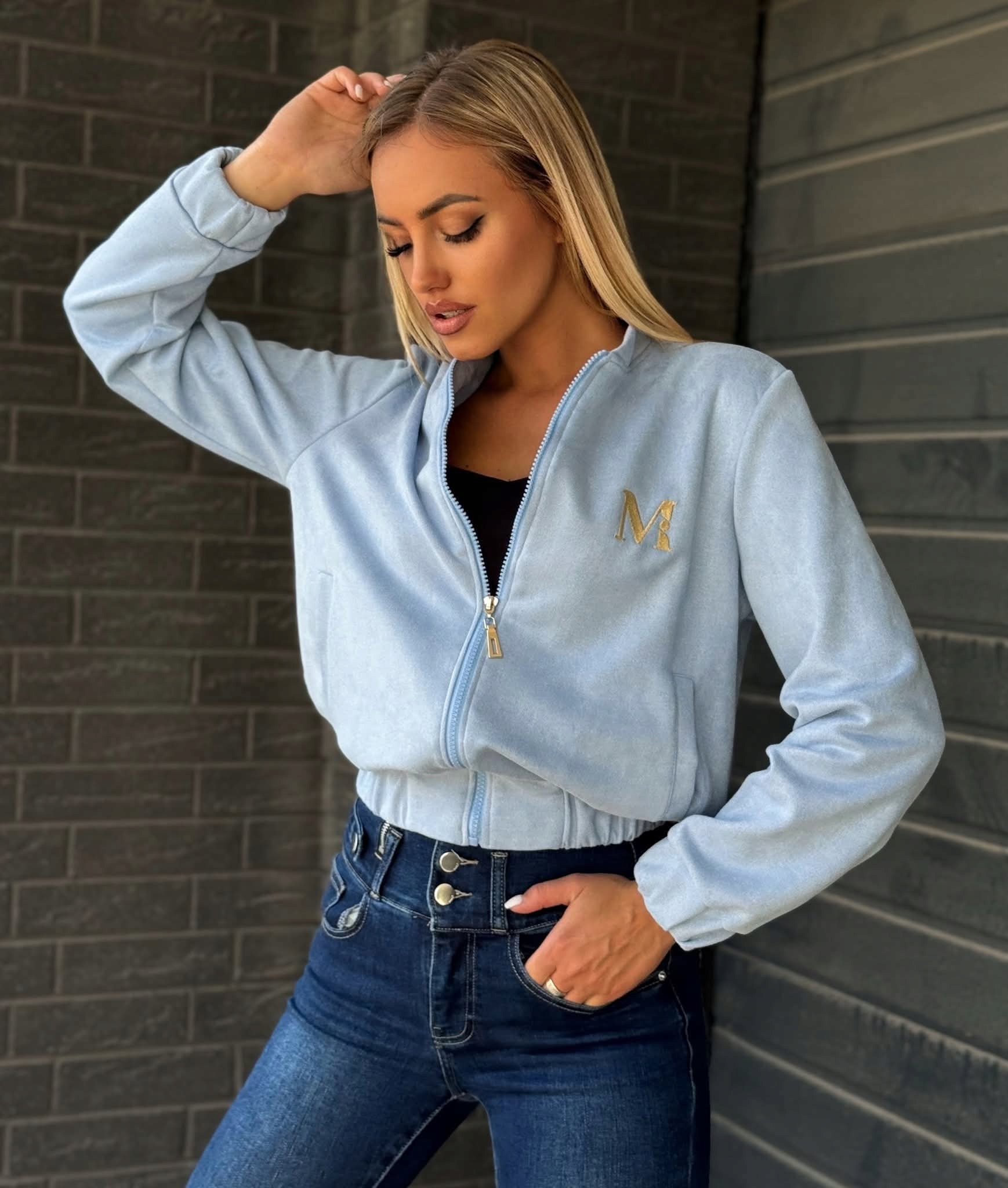 Módní bunda Bomber Dámská Semišová Světle Modrá Krátká M