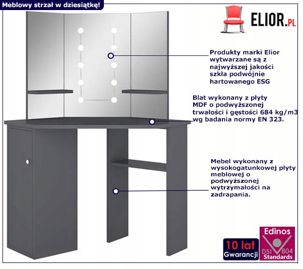 TOALETKA NAROŻNA Z PÓŁKAMI I LUSTREM LED === SZARA Marka Elior