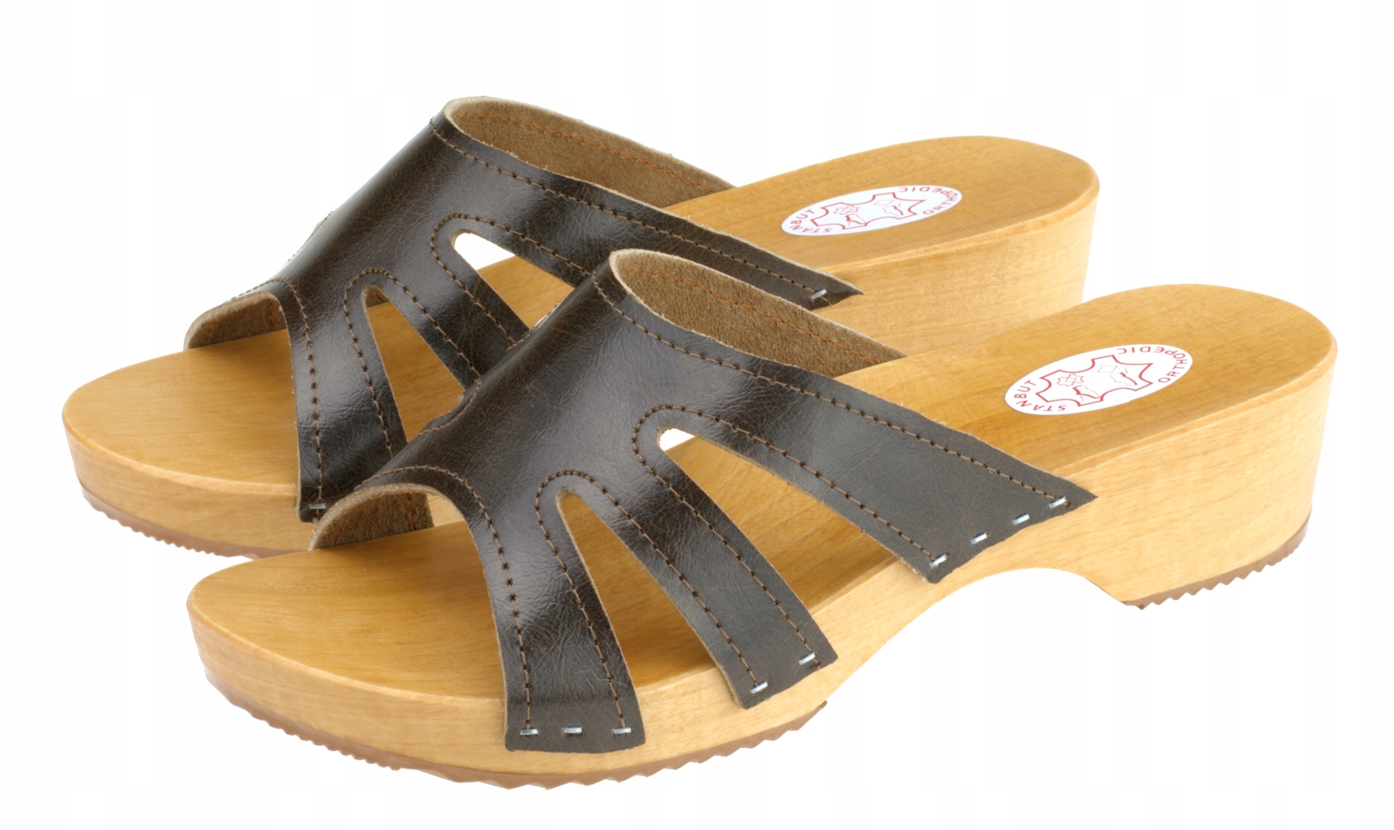 

Klapki drewniane z trzema paskami, Brązowe 38