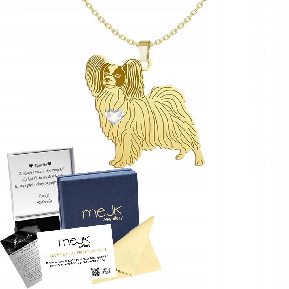 Zlatý náhrdelník s psem Papillon Stříbro 925 Šperky Dárek Žena Gravírování
