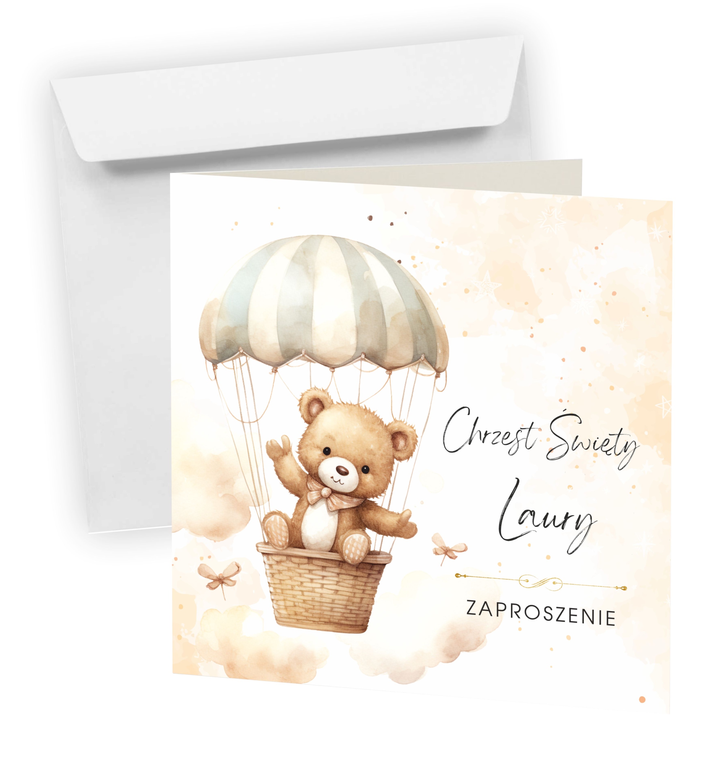 Zaproszenia na Chrzest Święty z kopertą + Imię Dziecka = Miś z Balonem