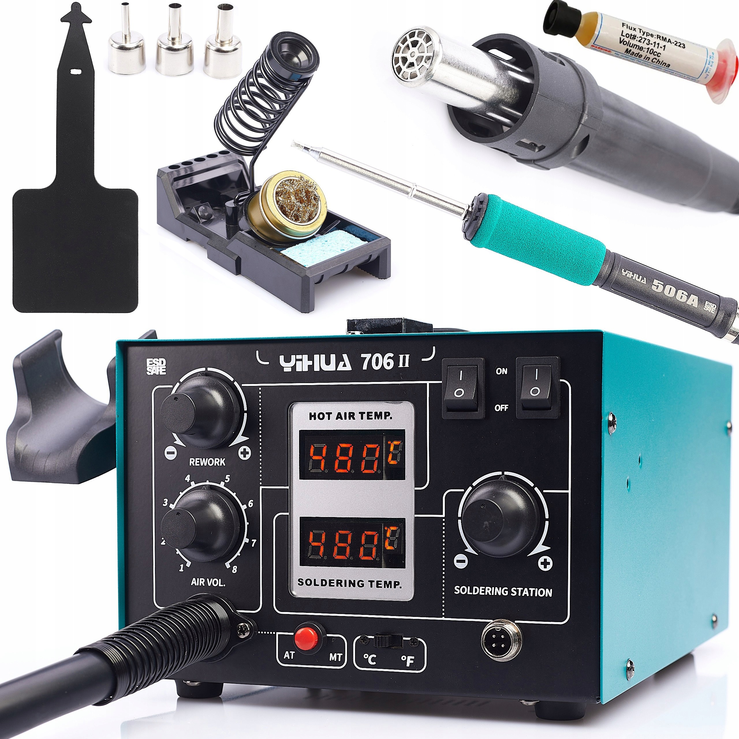 Pájecí stanice 2v1 Yihua 706 II Hot Air T12 sada trysek příslušenství