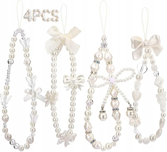 4x Smycz do Telefonu na Nadgarstek Zawieszka z Pereł Koraliki do Telefonu Biała