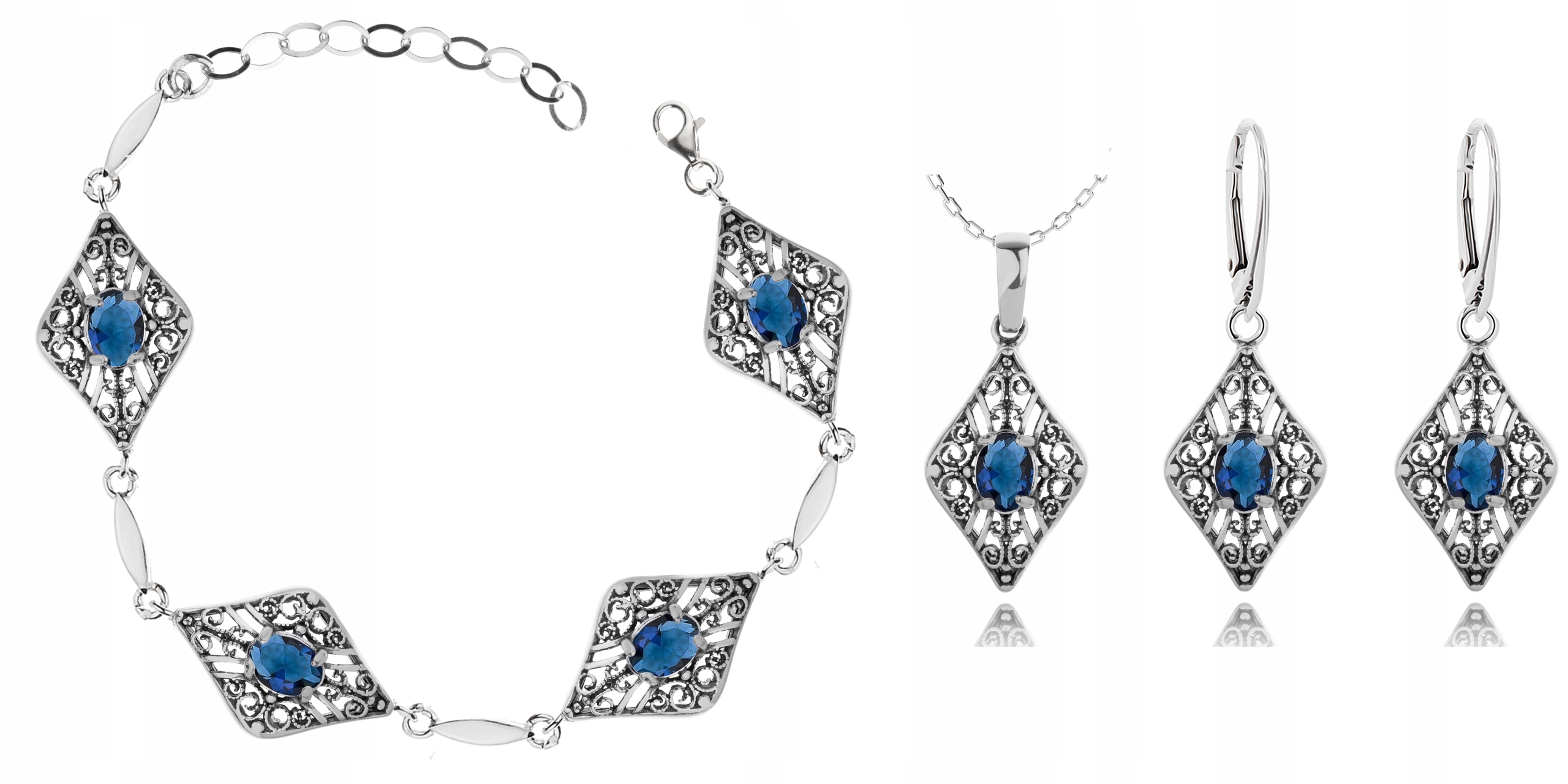 

Komplet Ażurowej Biżuterii Niebieskie Cyrkonie 925