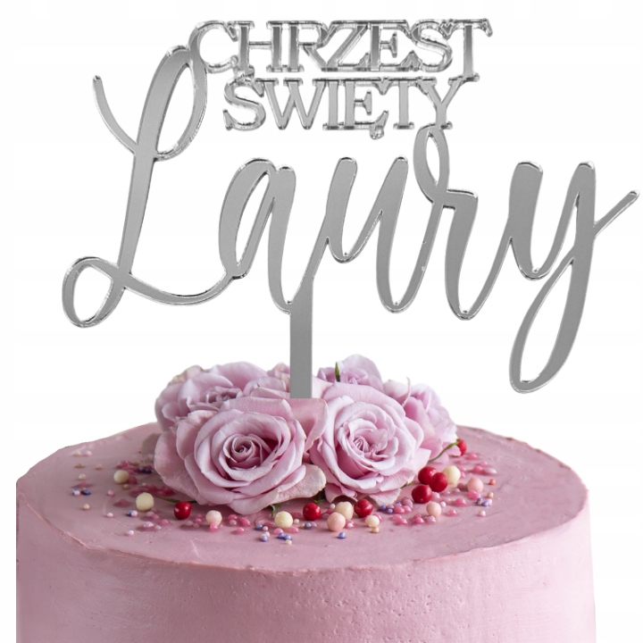 Topper srebrny toper na tort CHRZEST ŚWIĘTY z imieniem IMIĘ srebrne lustro