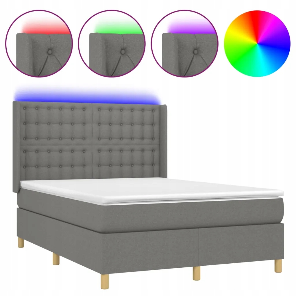 Kontinentální postel s matrací a Led diodami, tmavě šedá, 203x147x118/128