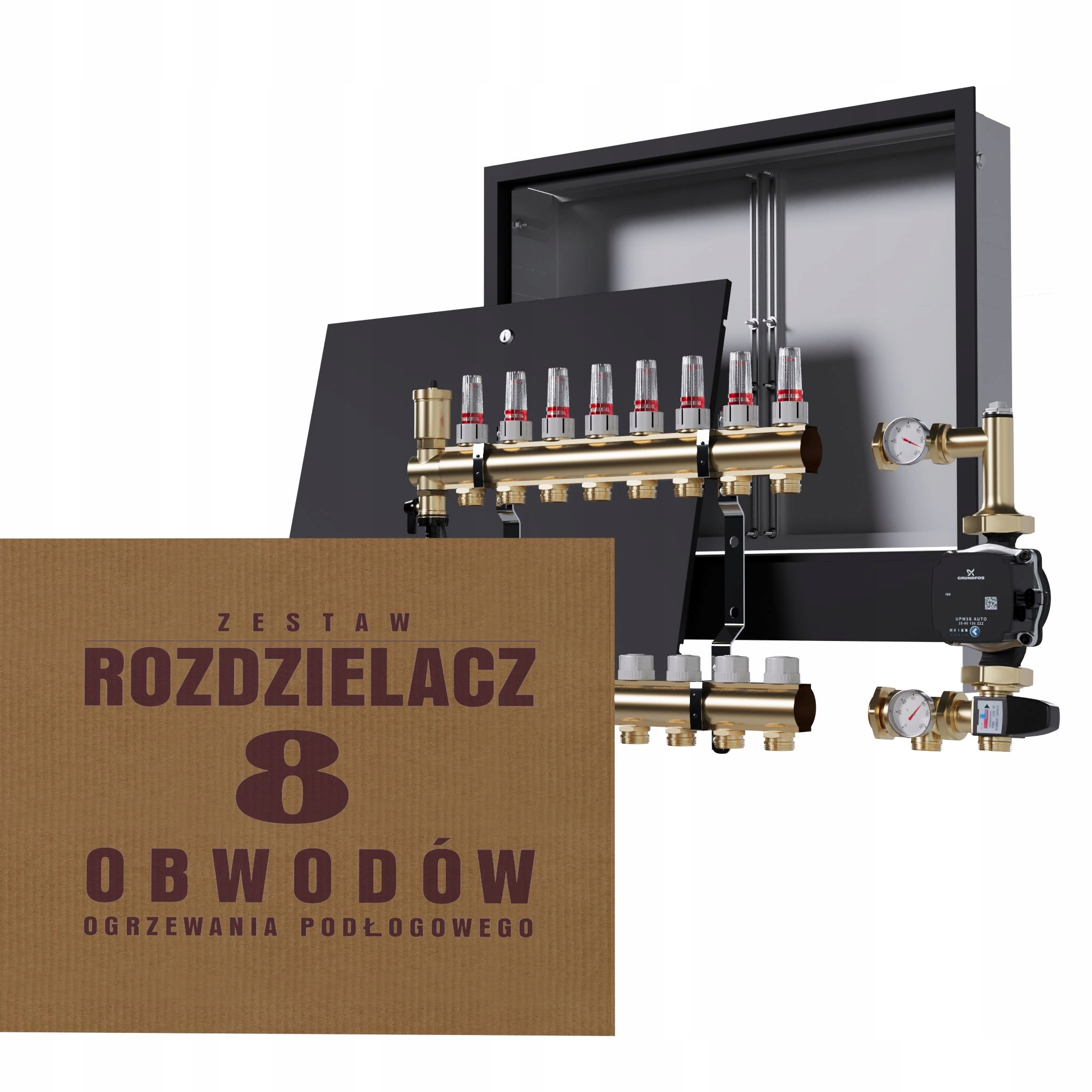 Rozdělovač pro podlahovku 8 okruhů se skupinou Grundfos podomítkový černý