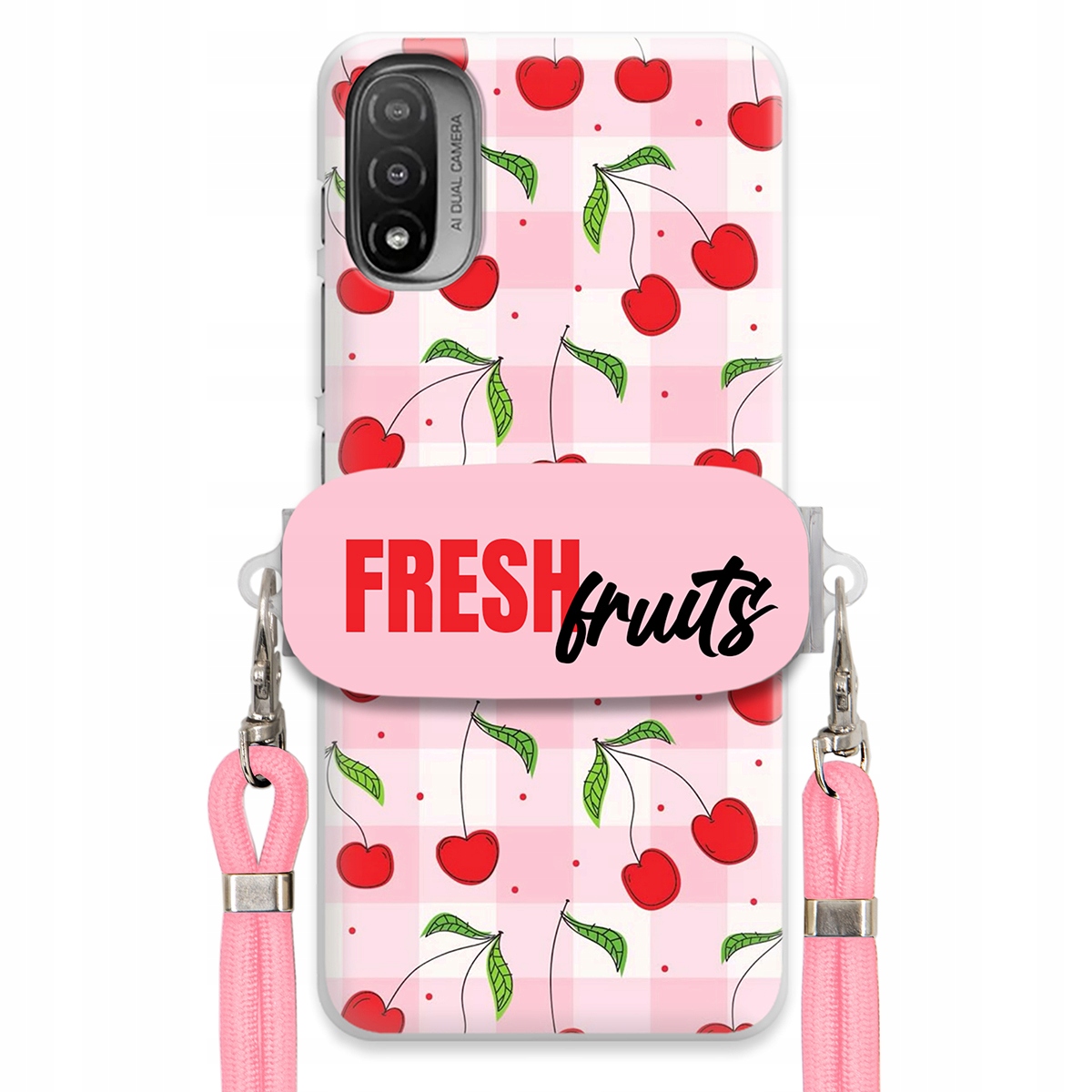 Puzdro pre Motorola E40 držiak na šnúrku Fresh Fruits Mriežka Ovocie