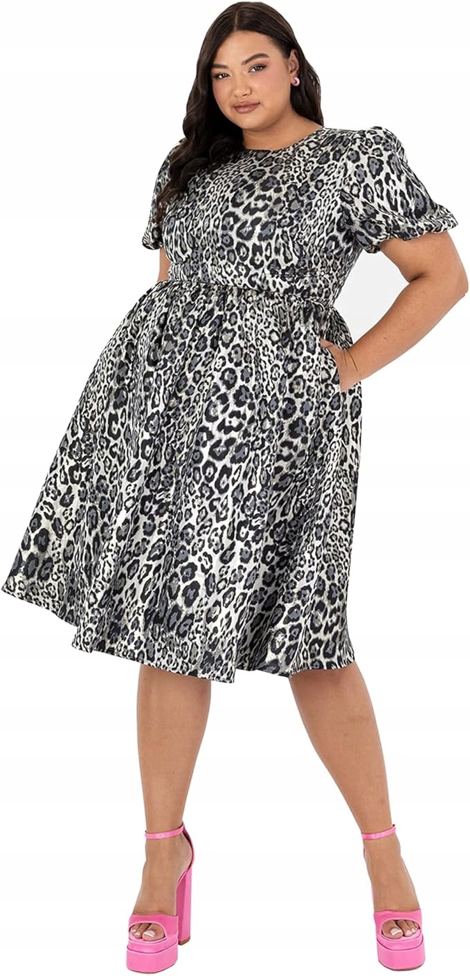 Lovedrobe Šaty Plus Size Vzor Panterka S Bufíky 48 6FA