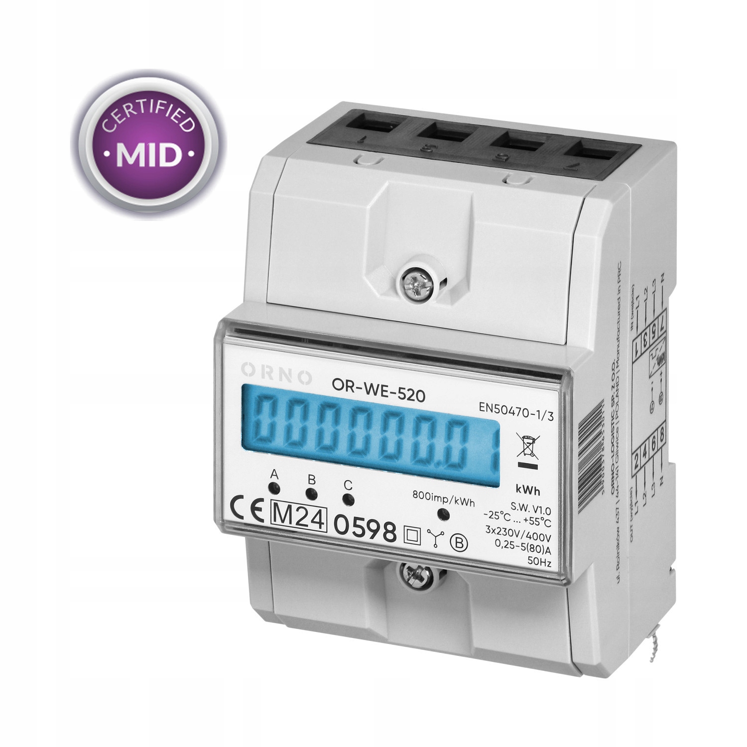 Měřič Činné Energie 4,5MOD 3FÁZOVÝ 230-400V 5-80A TS-35 Impulsní MID Orn