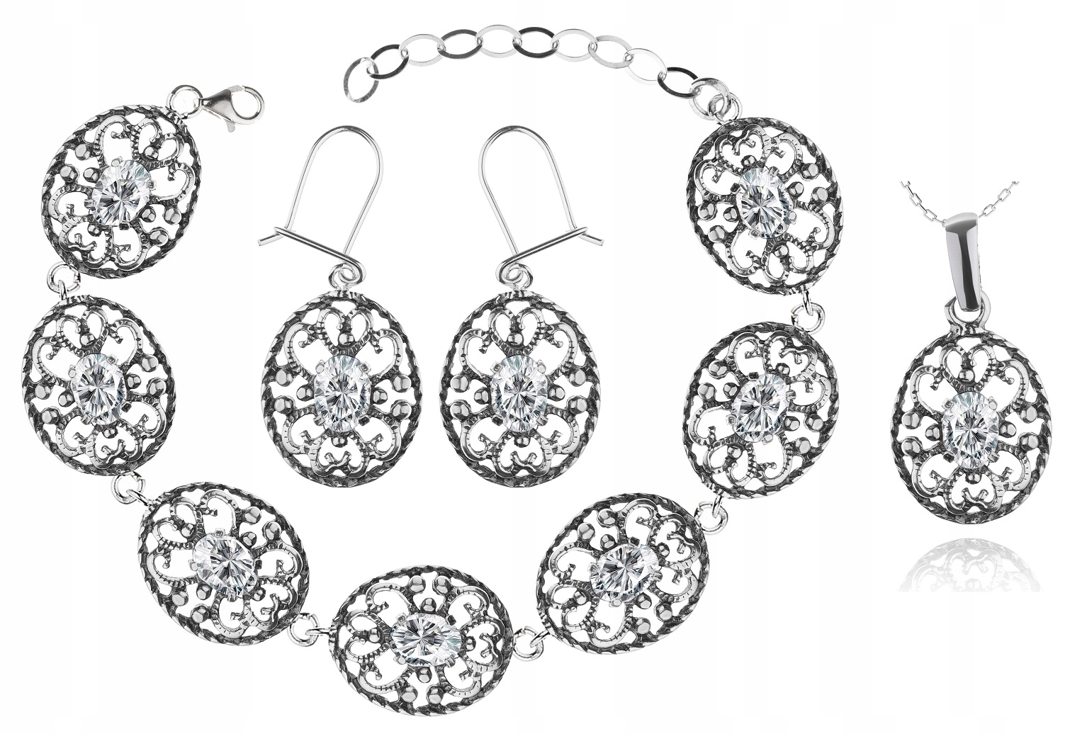 

Komplet Ażurowej Biżuterii Z Cyrkoniami pr.925