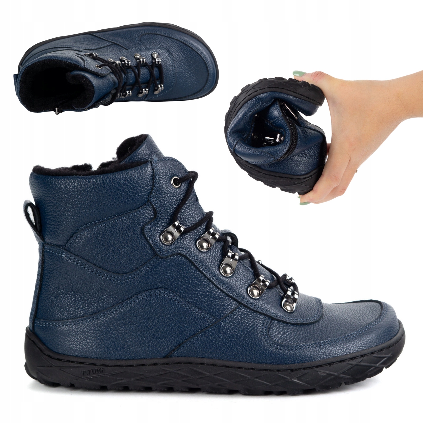 Dámské zimní kožené barefootové boty zateplené vlnou, tmavě modré, velikost 1292 41