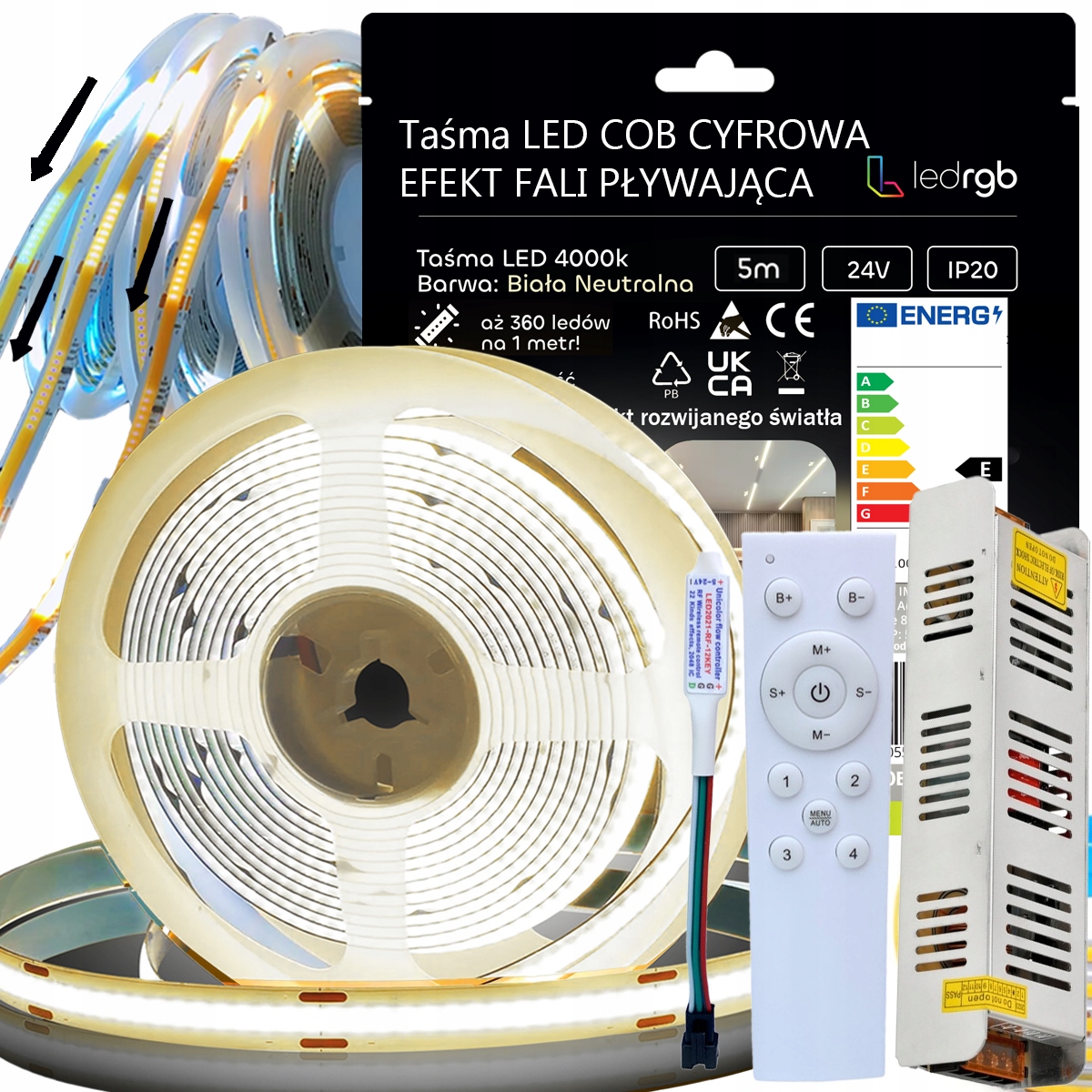 Set Led Páska 5 m Bílá 4000K Digitální Plovoucí Digitální Dálkový Ovladač Napájecí Zdroj 24