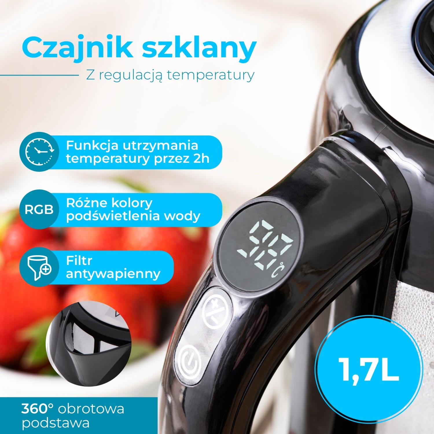 AD 1285 Czajnik Szklany 1,7L z Regulacją Temp. i Wyświetlaczem LCD