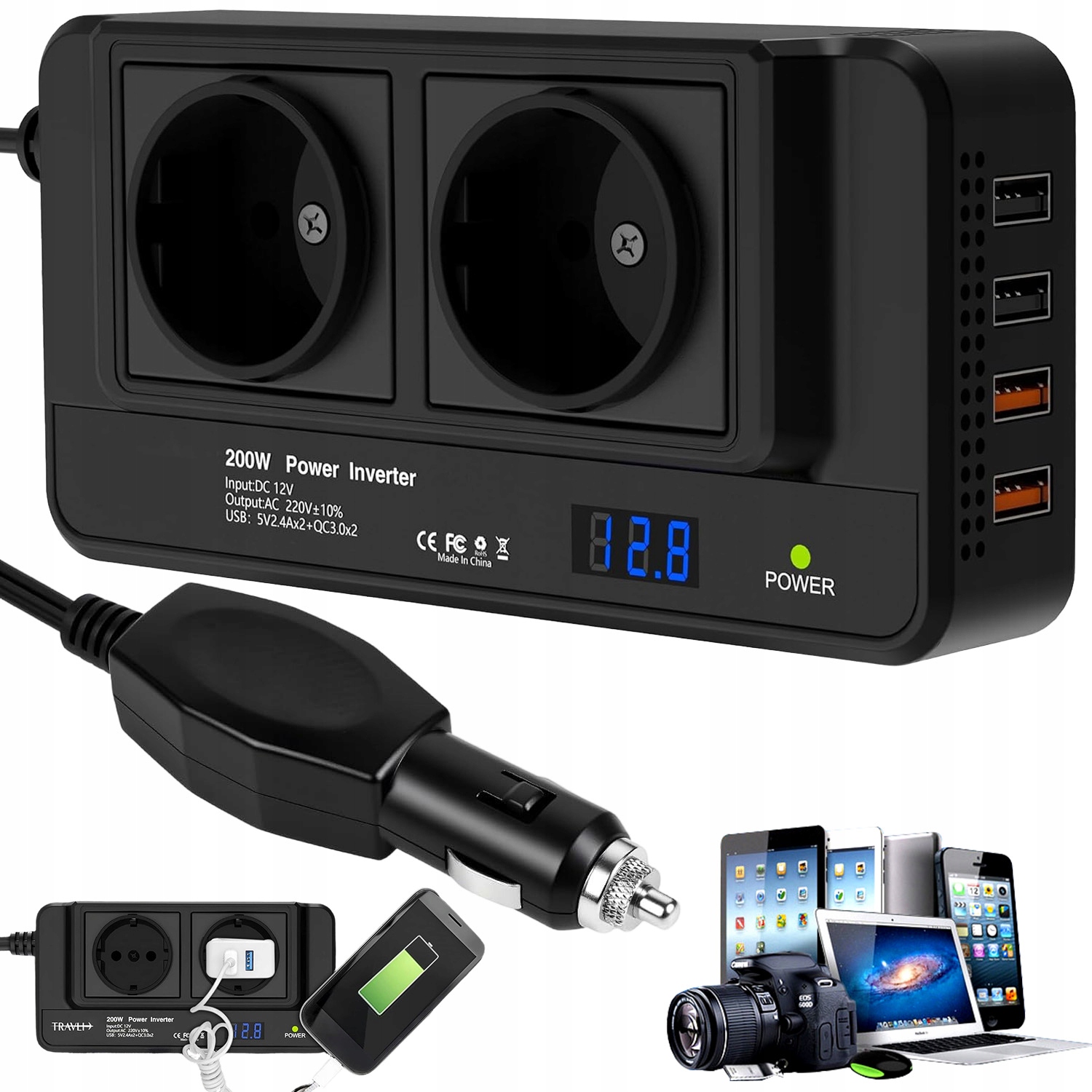 Univ. Automobilový Měnič 200W: 2×ZÁSUVKY Ac 220V/110V 4×USB-A