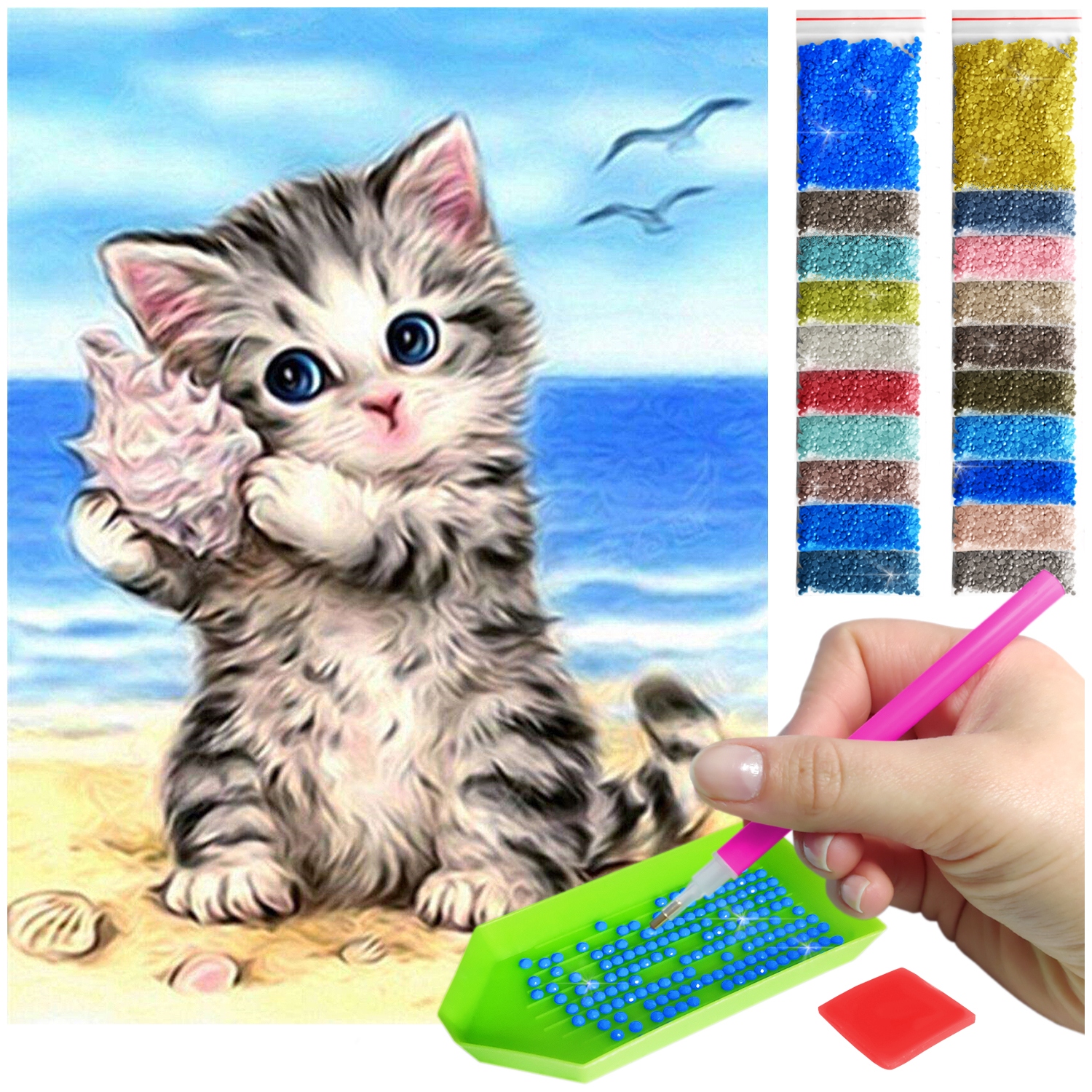 Haft diamentowy dla dzieci mozaika diamond painting 5D kotek morze muszla