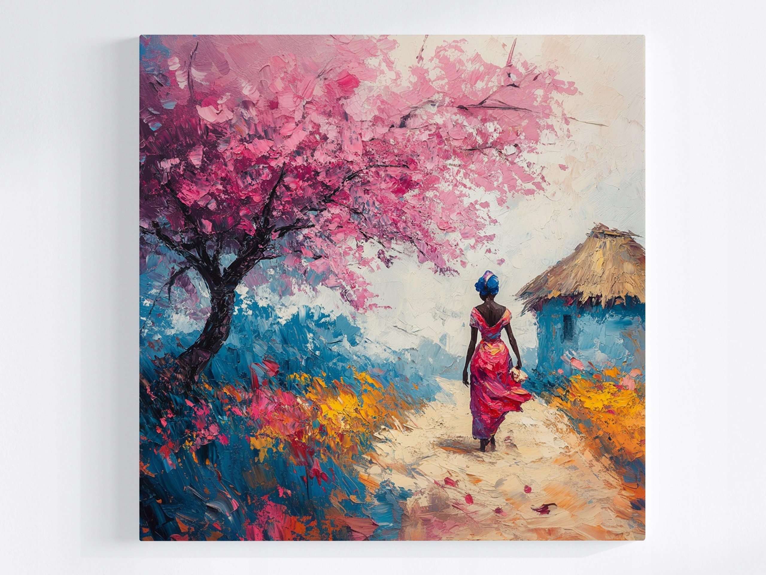 Obraz Na Plátně Canvas Krajina Afrika Strom Květiny Žena Procházka 80x80