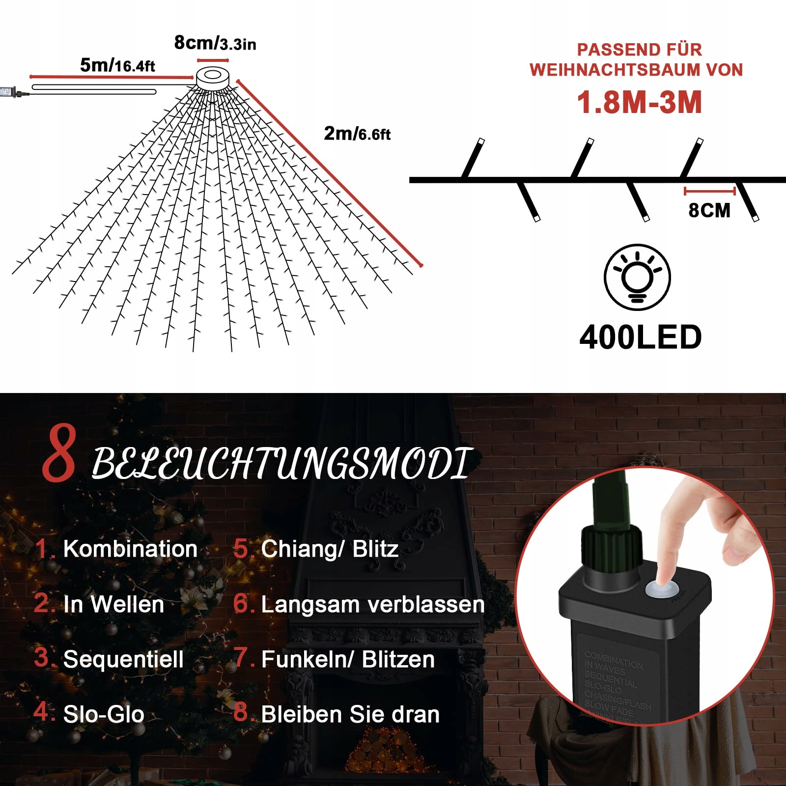 ETOPGO Lampki Choinkowe Girlanda Ciepła Biała IP44 Timer 8 Trybów 2M 400LED — miniatura 5