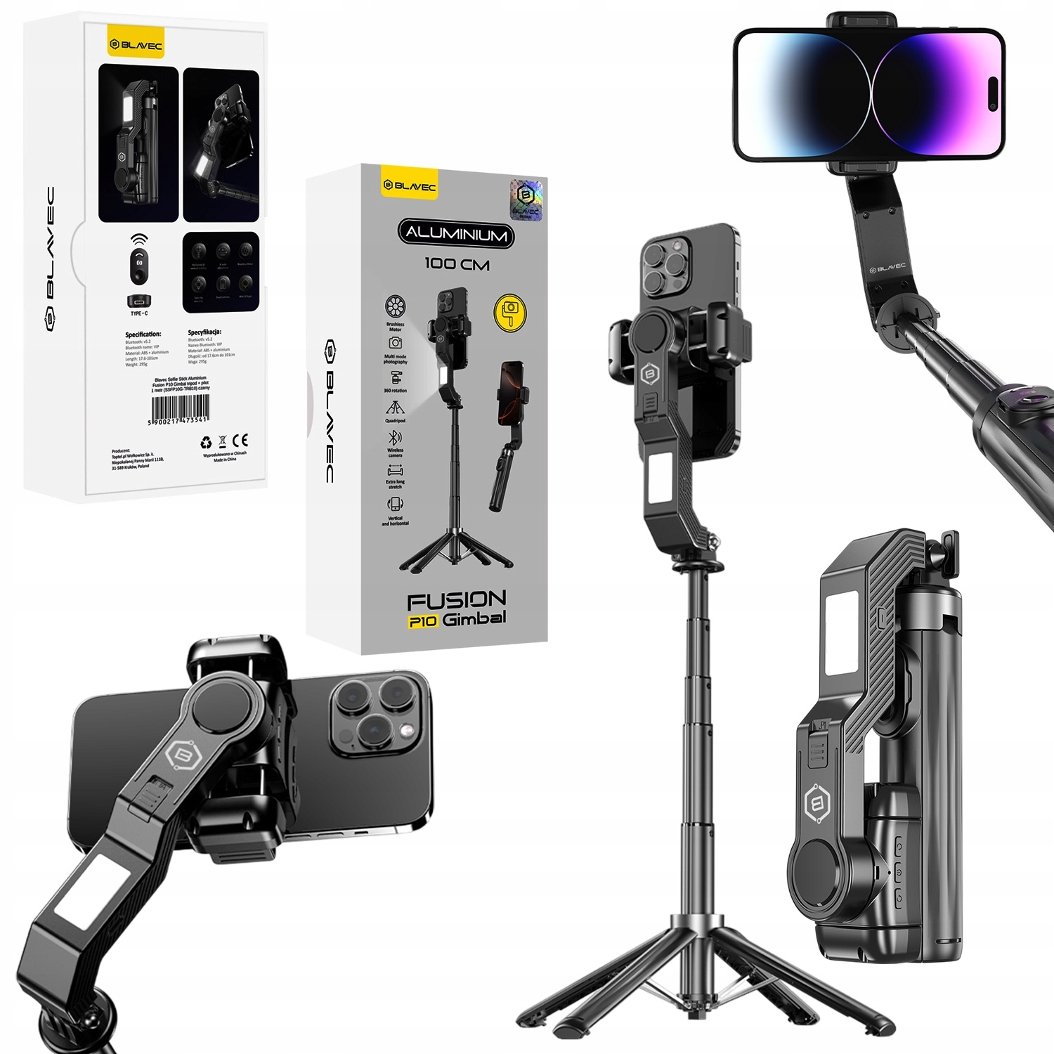 Selfie tyč Gimbal Stativ Tripod Tyč telefonu pro Samsung iPhone Dálkové ovládání