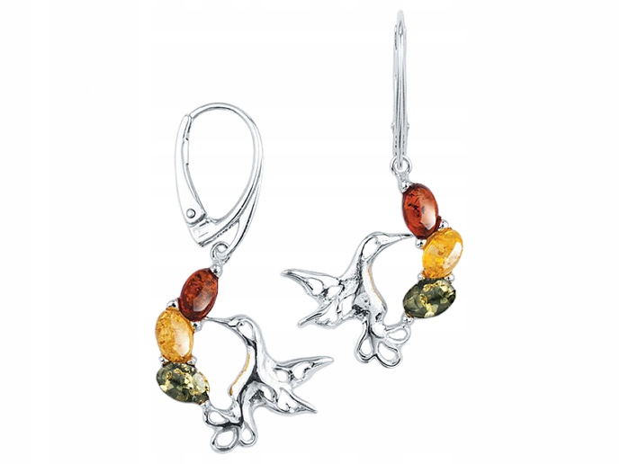 Stříbrné Náušnice Závěsné s jantarem Barevní ptáci Anglické zapínání