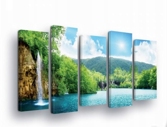 Obraz 150x100 Příroda vodopád řeka jezero zeleň kopce nebe krajina