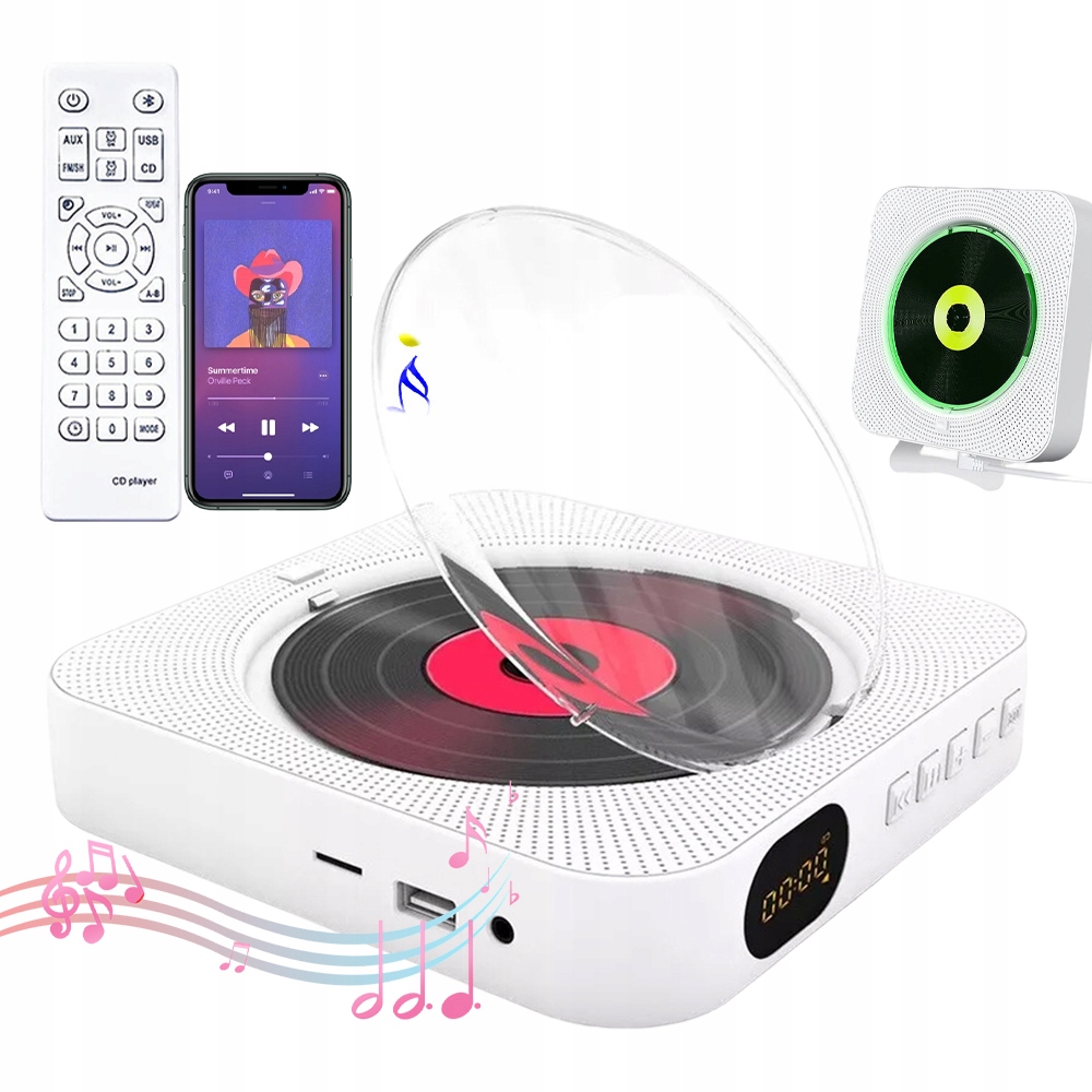 Přenosný CD Přehrávač Reproduktor Bluetooth Retro Fm Rádio Aux Usb Dálkové Ovládání