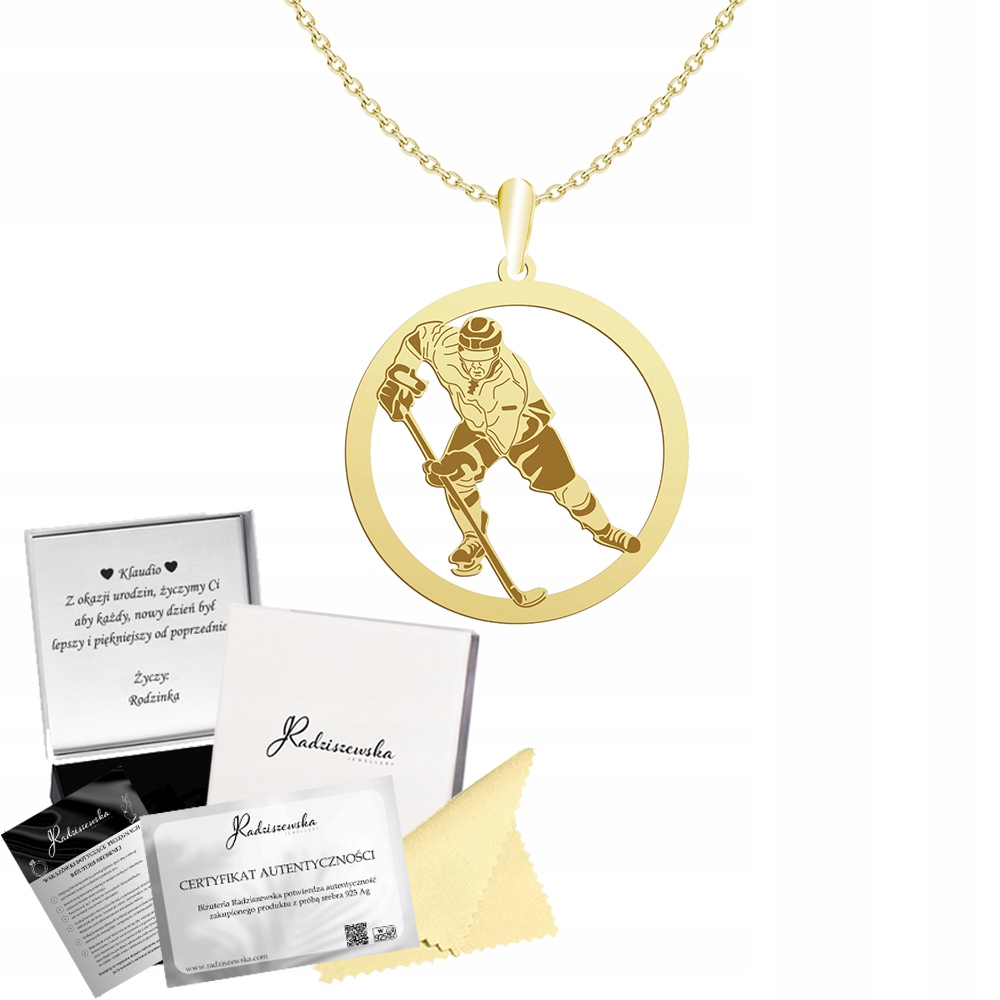 Zlatý náhrdelník Hokej Hokejista Řetízek Dárek Stříbro 925 Gravírování Bonus
