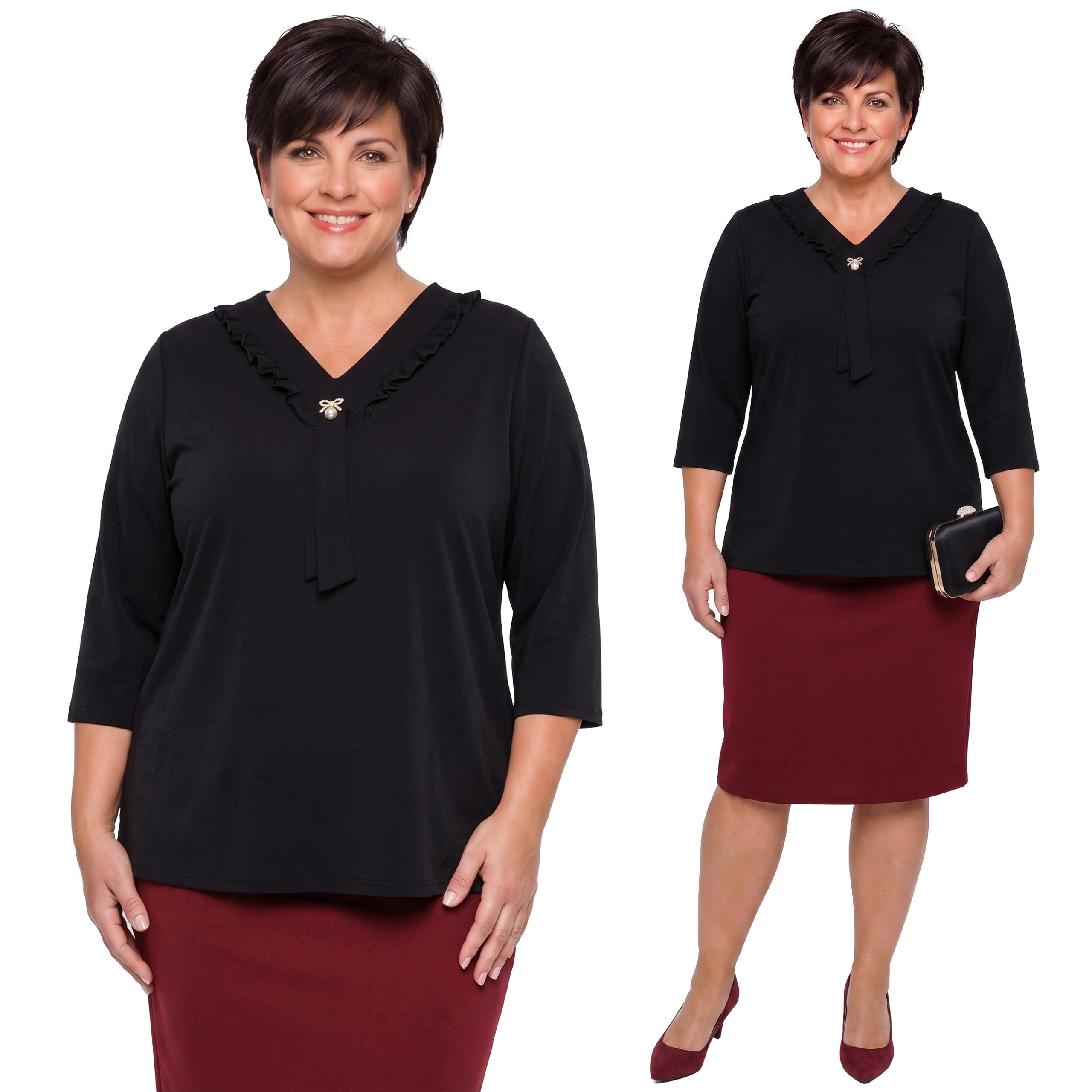 Černá halenka s volánkem 3/4 rukáv plus size velikost 48/50