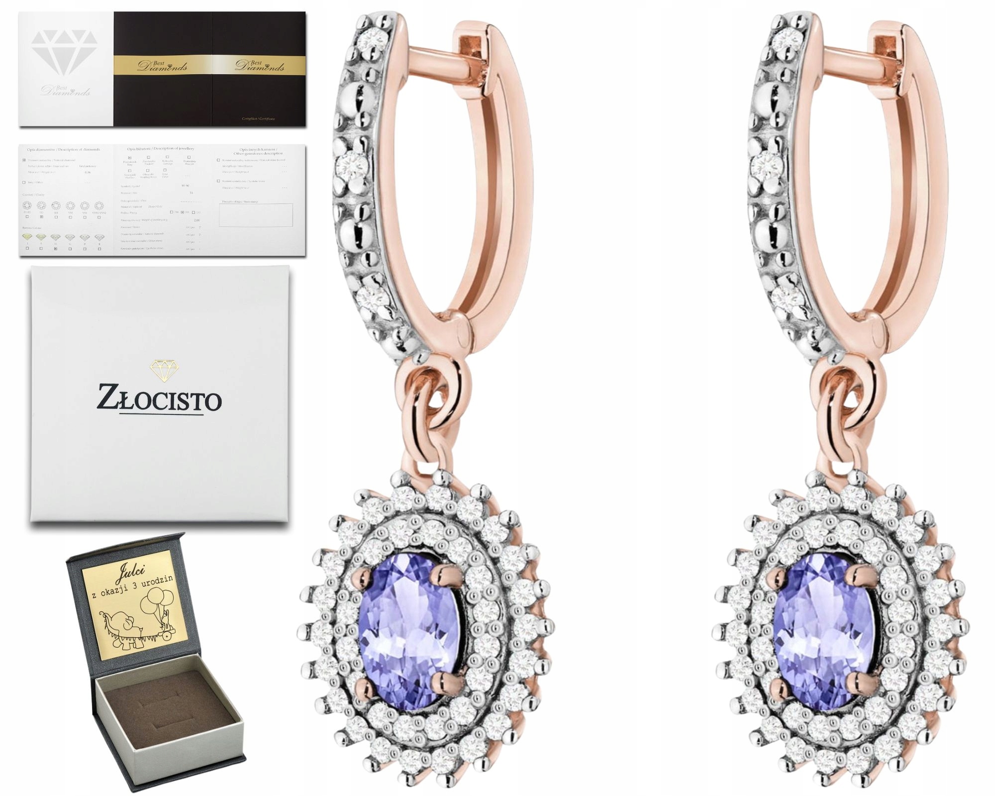 Růžové Zlato Náušnice Přírodní Kámen Tanzanit Diamanty Zlato 585 Dárek