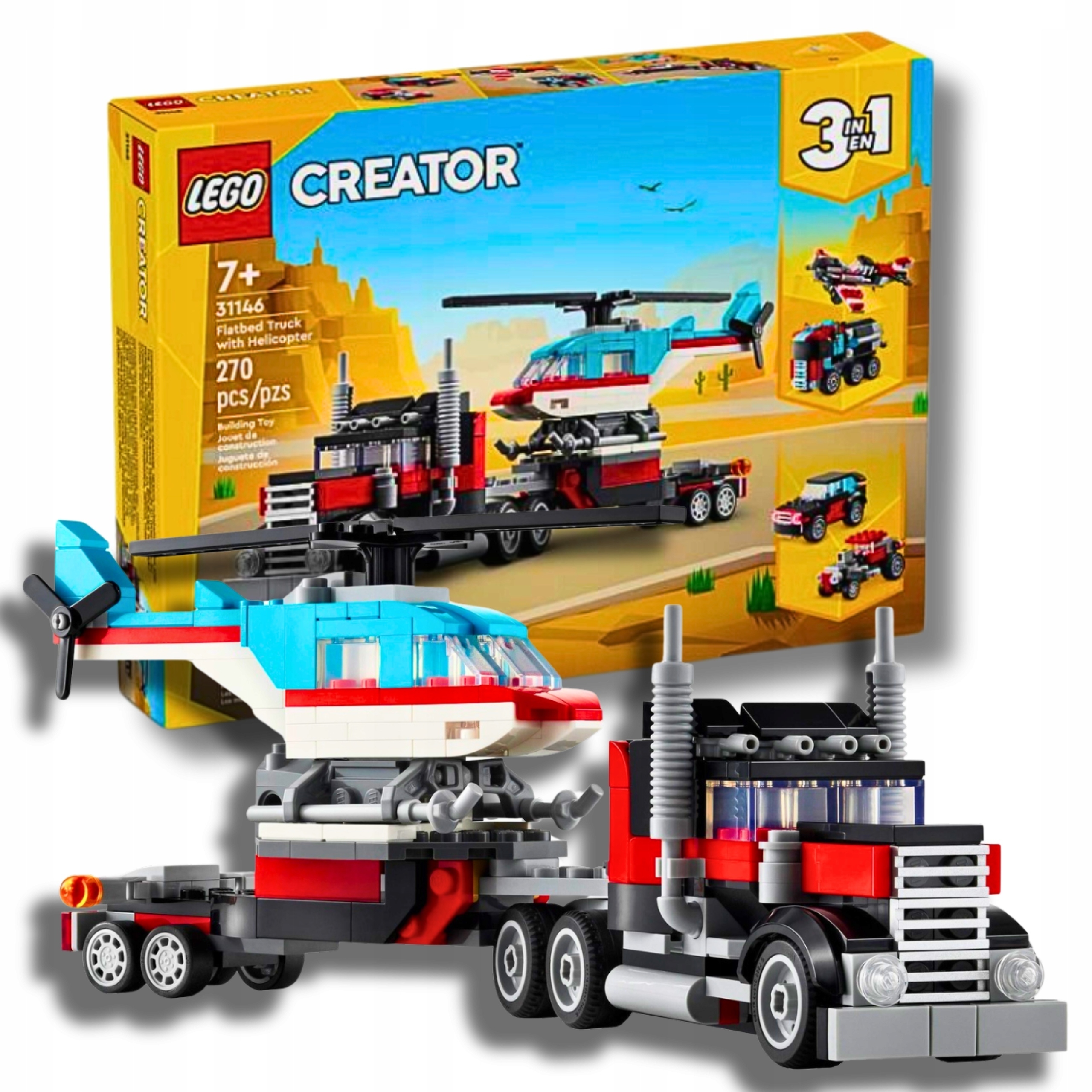 Lego Creator 3w1 Ciężarówka Z Platformą I Helikopter 31146 3 Różne Pojazdy