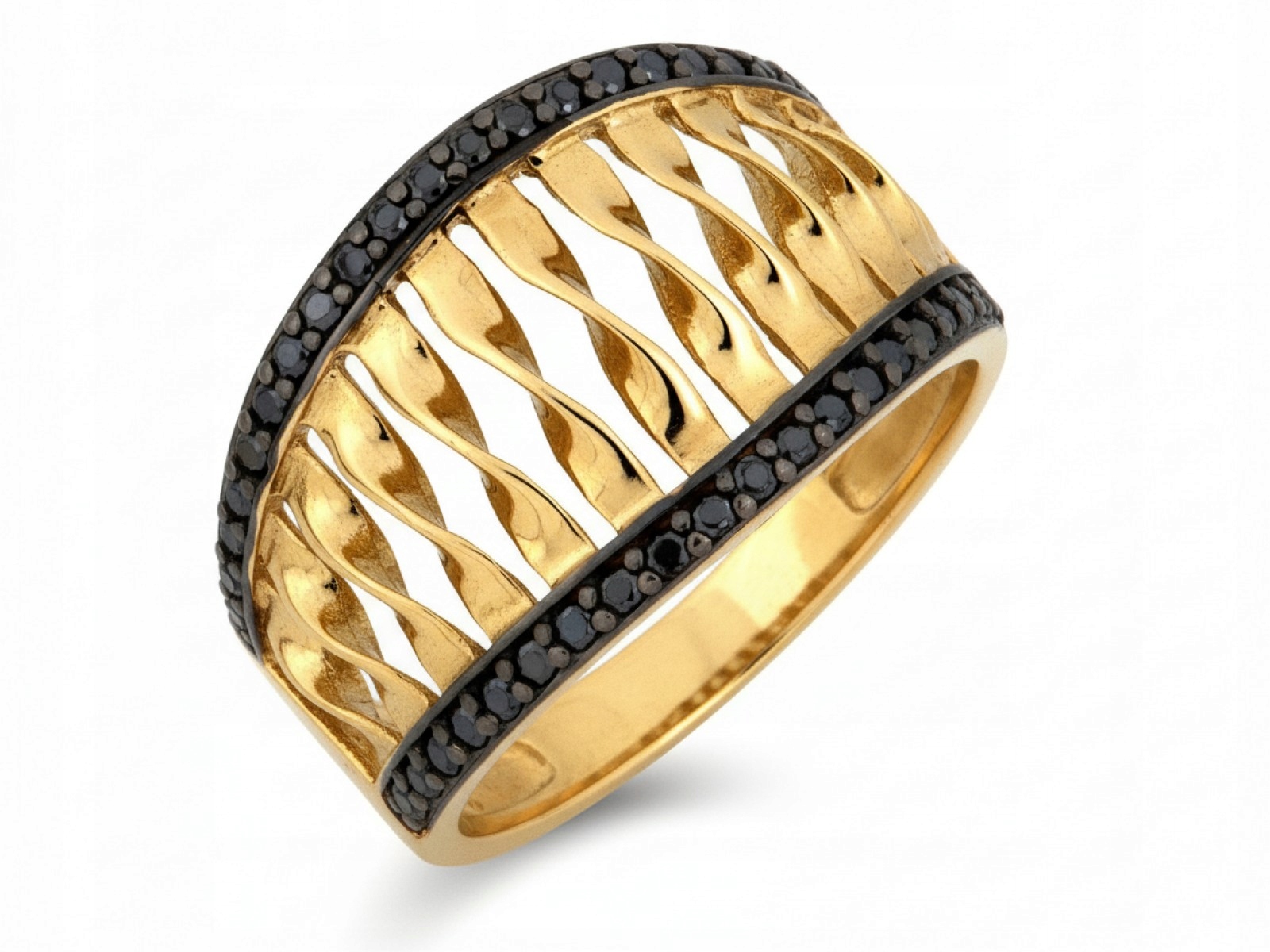 Široký zlatý prstýnek 585 Ažurový 23r s černými zirkony 3.62 g