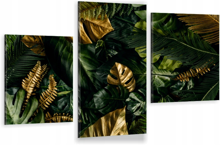 

Tryptyk Obraz Na Ścianę złote liście monstera