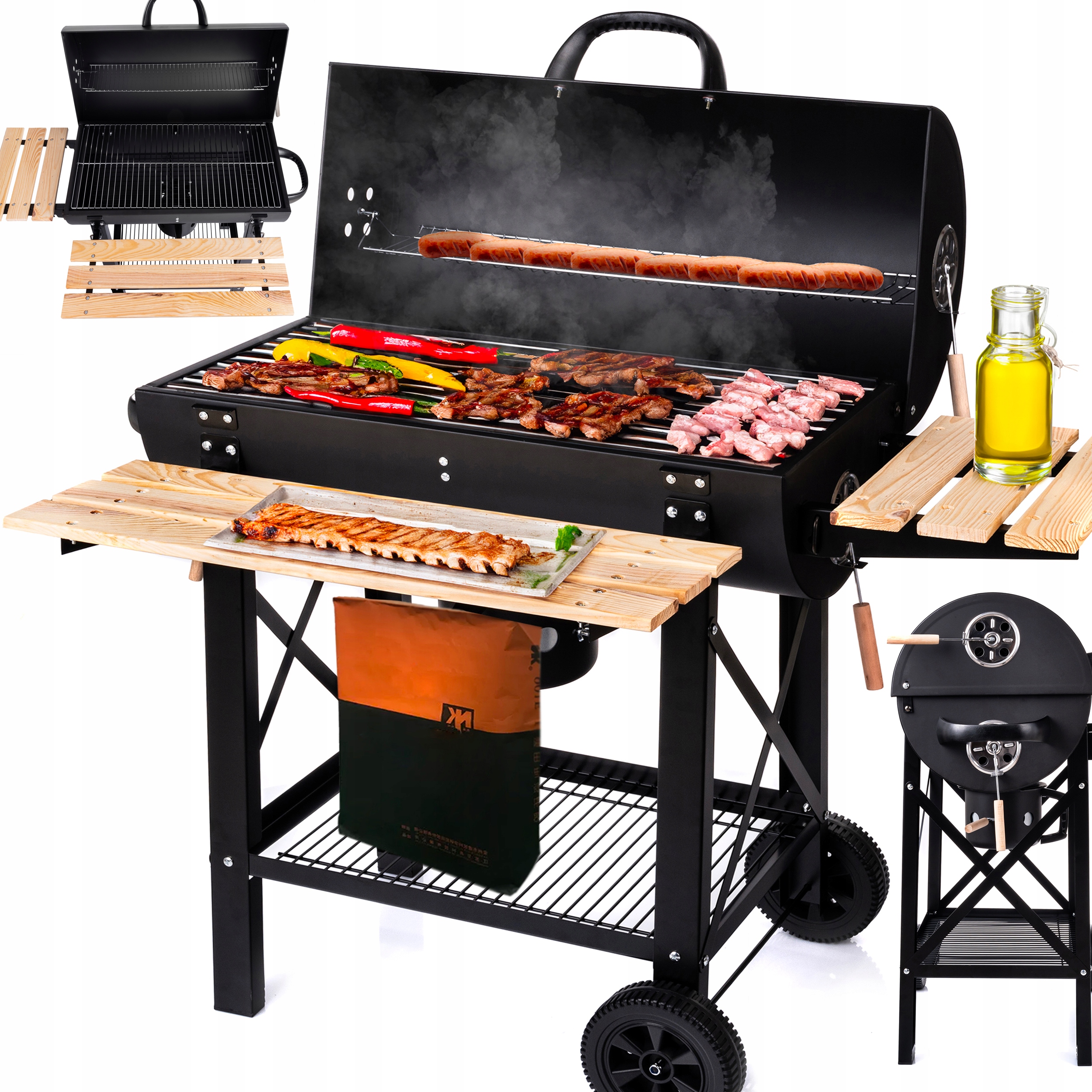 Zahradní Gril Na Uhlí 2 Chromované Rošty 2 Police Popelník Ocel S Víkem