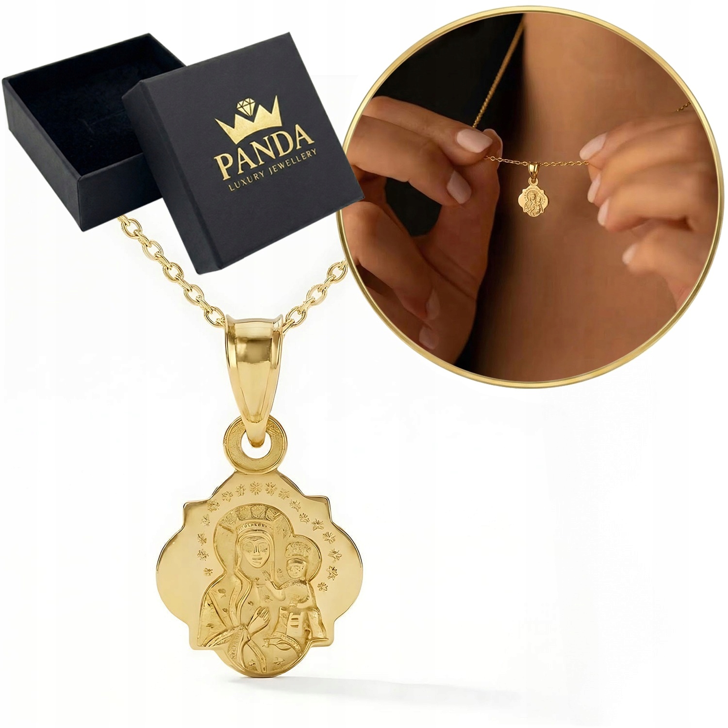 Pozlacený medailonek Matka Boží Stříbro 925 Řetízek Svaté Přijímání Křest Památka